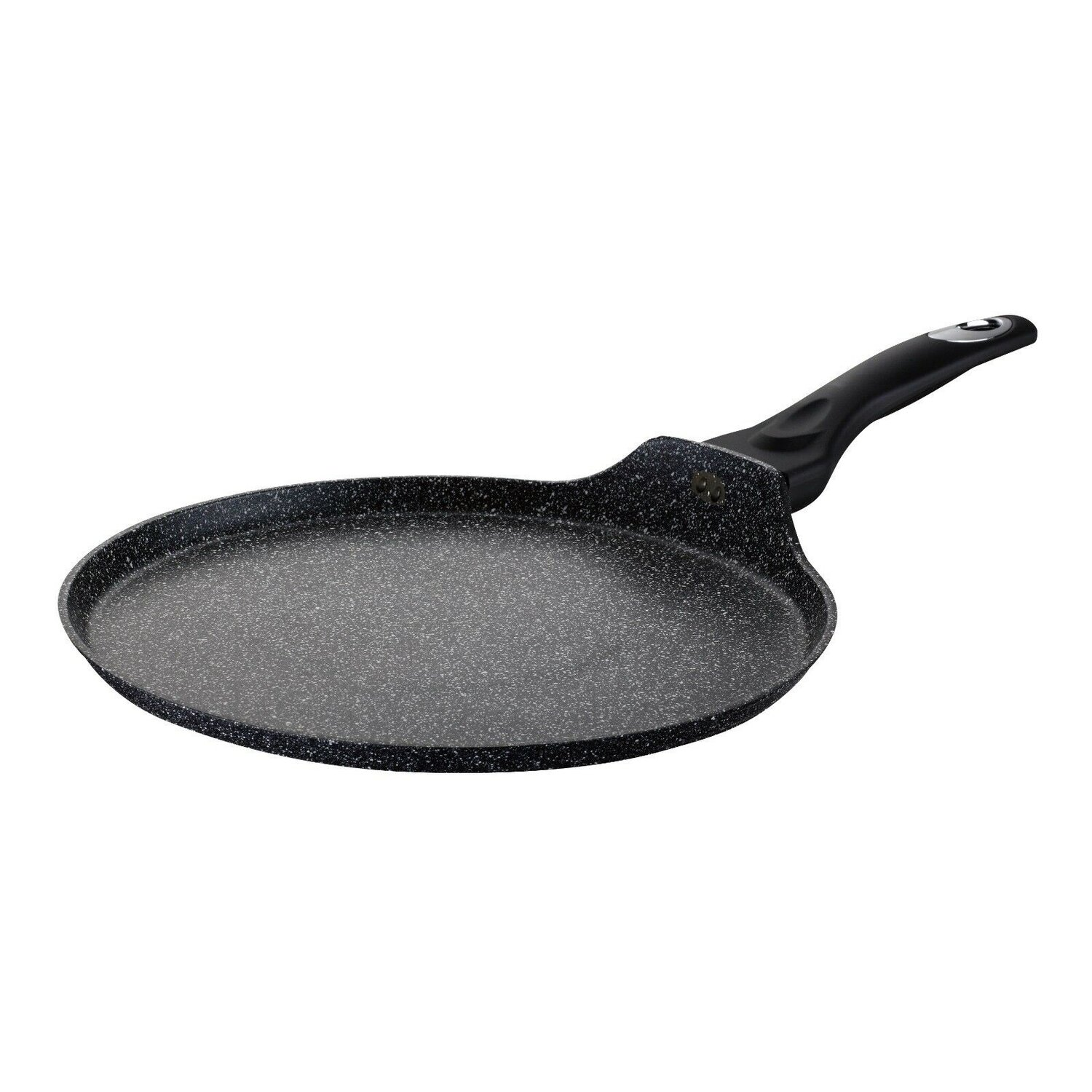 Schwarze, gesprenkelte Pfanne mit langem Griff auf weißem Hintergrund.