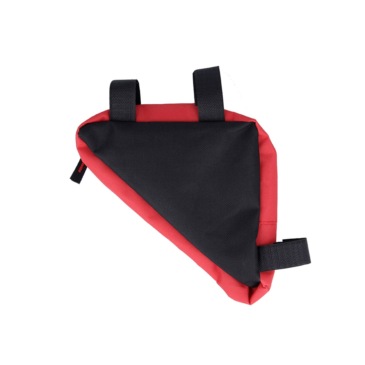 Rote und schwarze dreieckige Fahrradrahmen-Tasche mit Riemen und Reißverschluss.