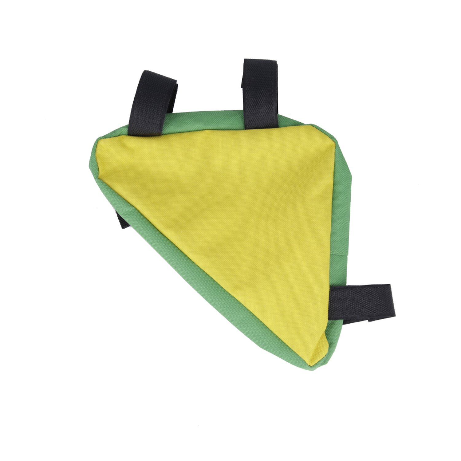 Eine dreieckige Fahrradrahmen-Tasche in Grün und Gelb mit schwarzen Riemen zur Befestigung.