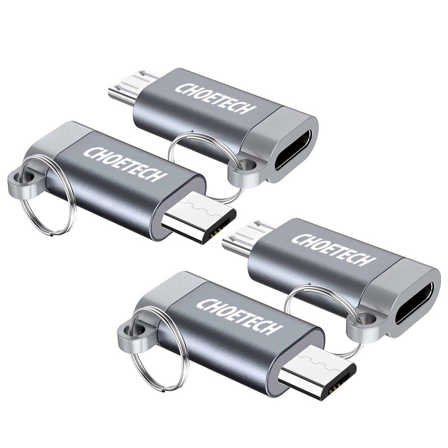 Vier graue Choetech-Adapter. Silber und grau. Weißer Hintergrund.