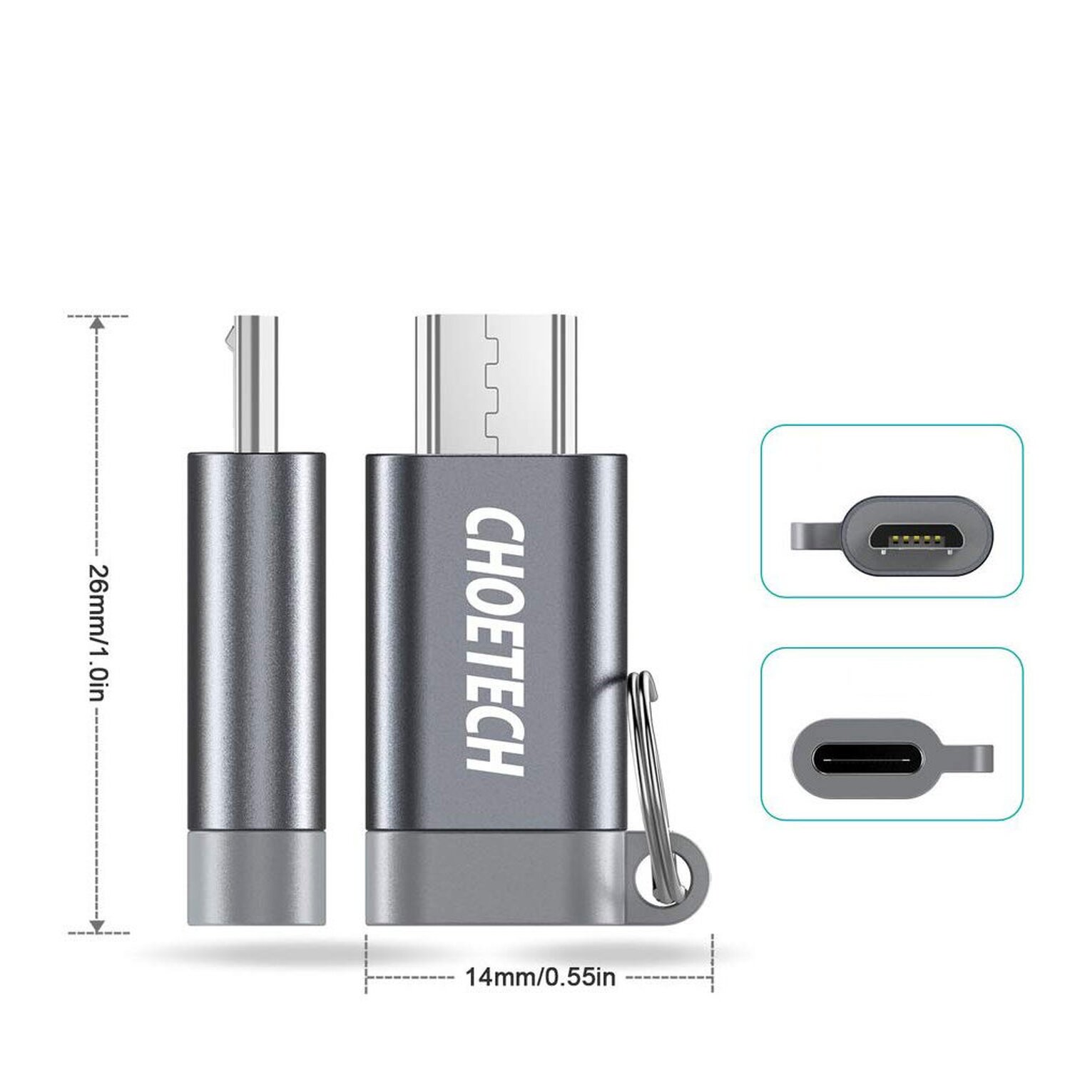 Silberner und grauer Choetech USB-Stick mit zwei Anschlüssen und Abmessungen.