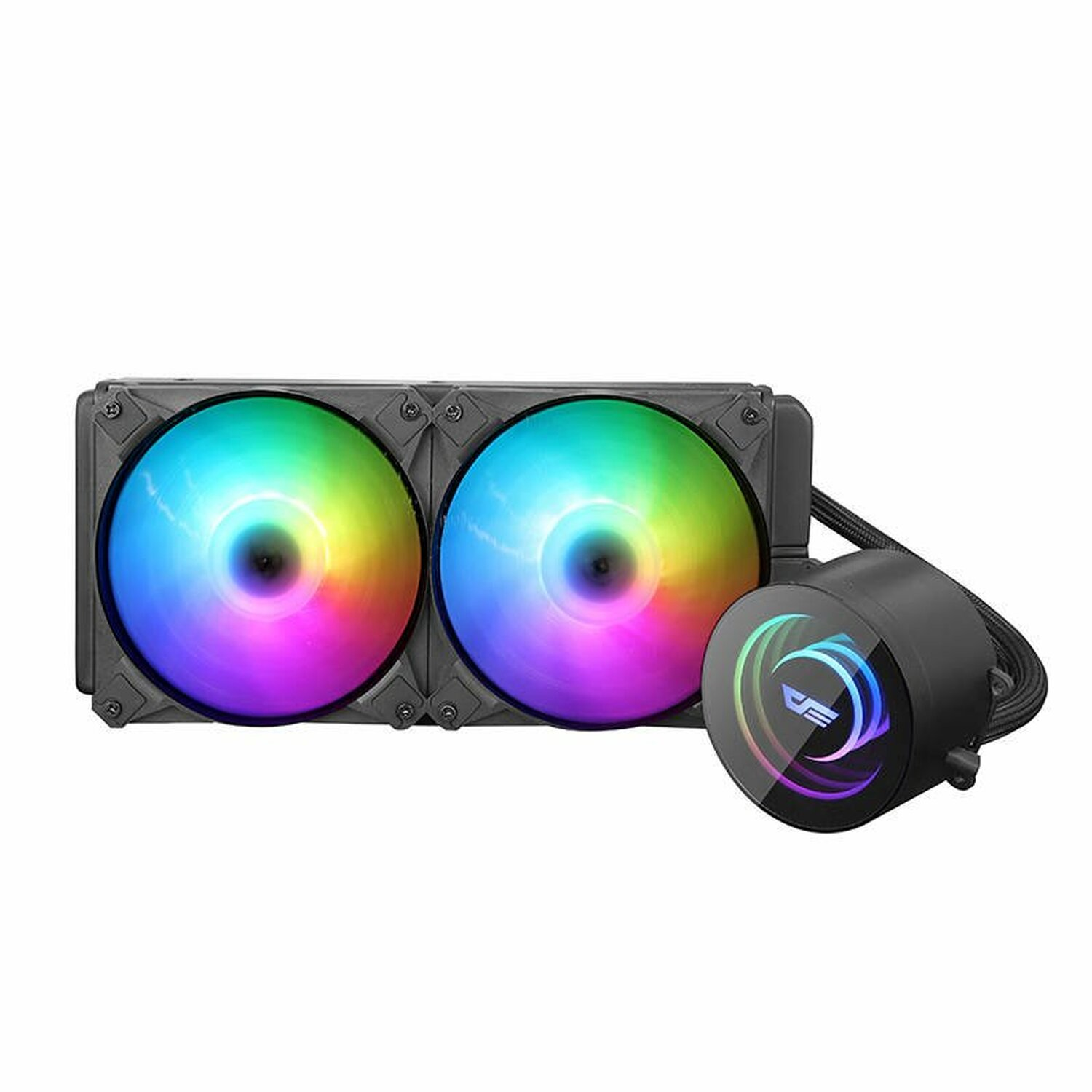 Ein Flüssigkeits-CPU-Kühler mit zwei Lüftern und einem Wasserblock. Die Lüfter haben Regenbogenfarben.