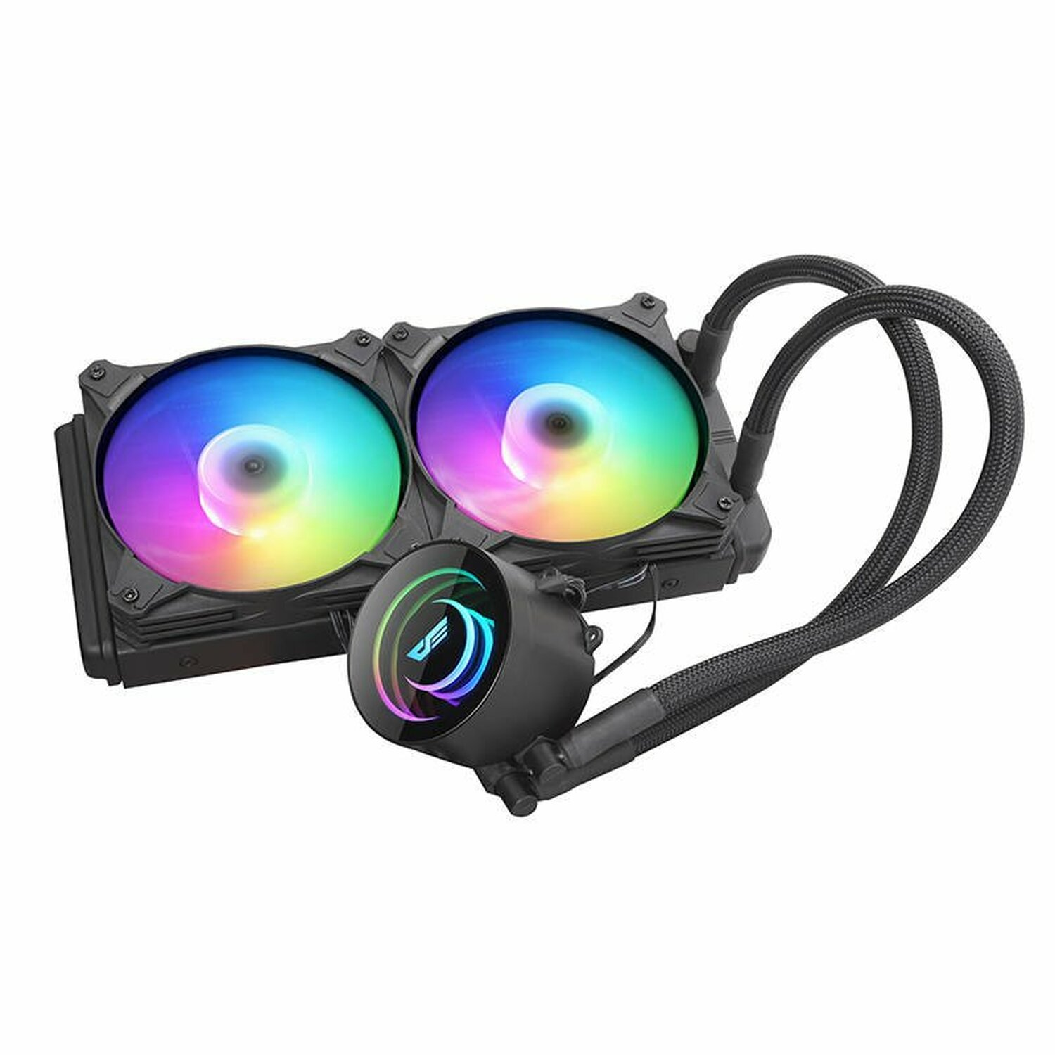 Flüssigkeitskühler für Computer mit zwei Regenbogenlüftern und schwarzer Pumpe.