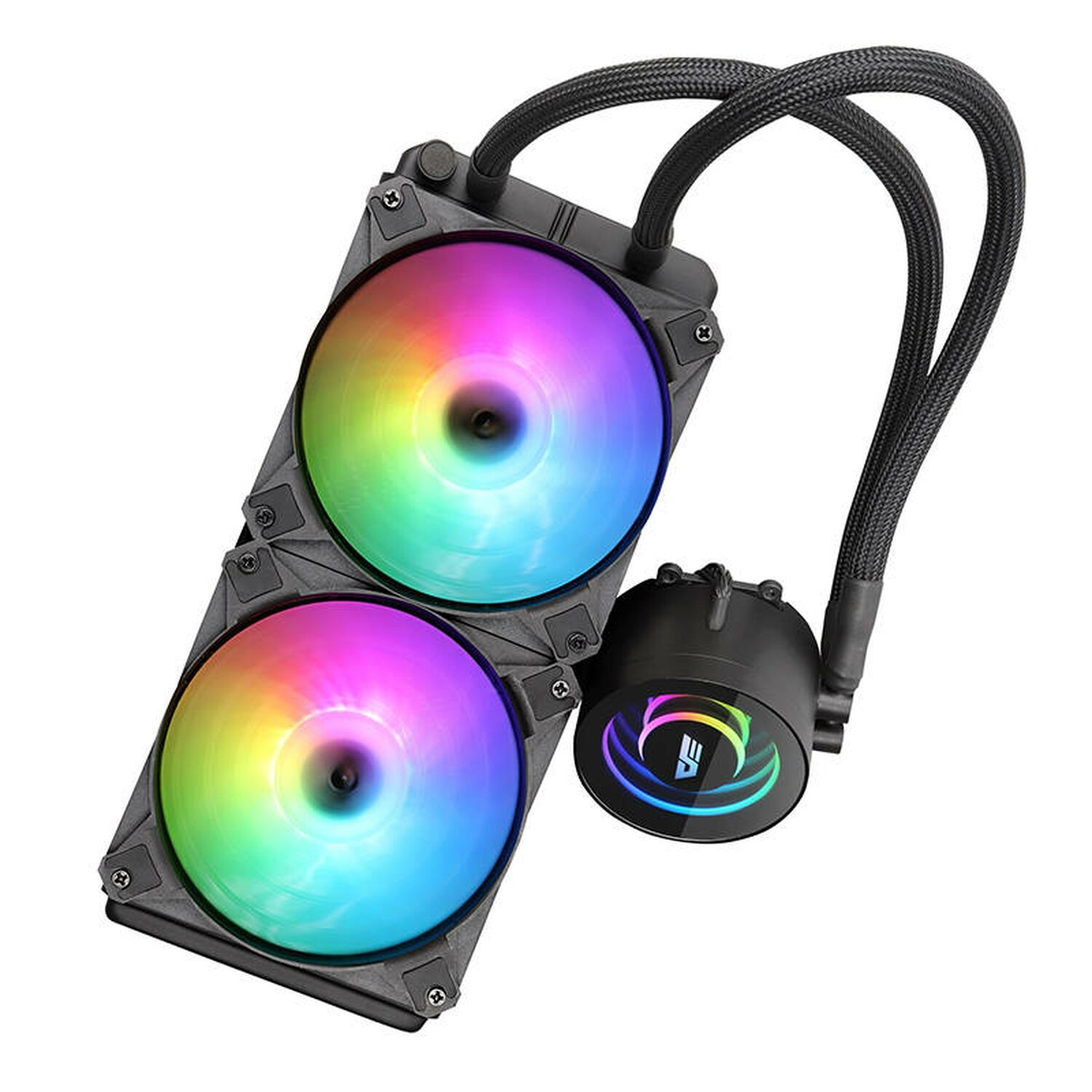 Ein Computerkühler mit zwei Lüftern mit Regenbogenlichtern und einer schwarzen Pumpe.
