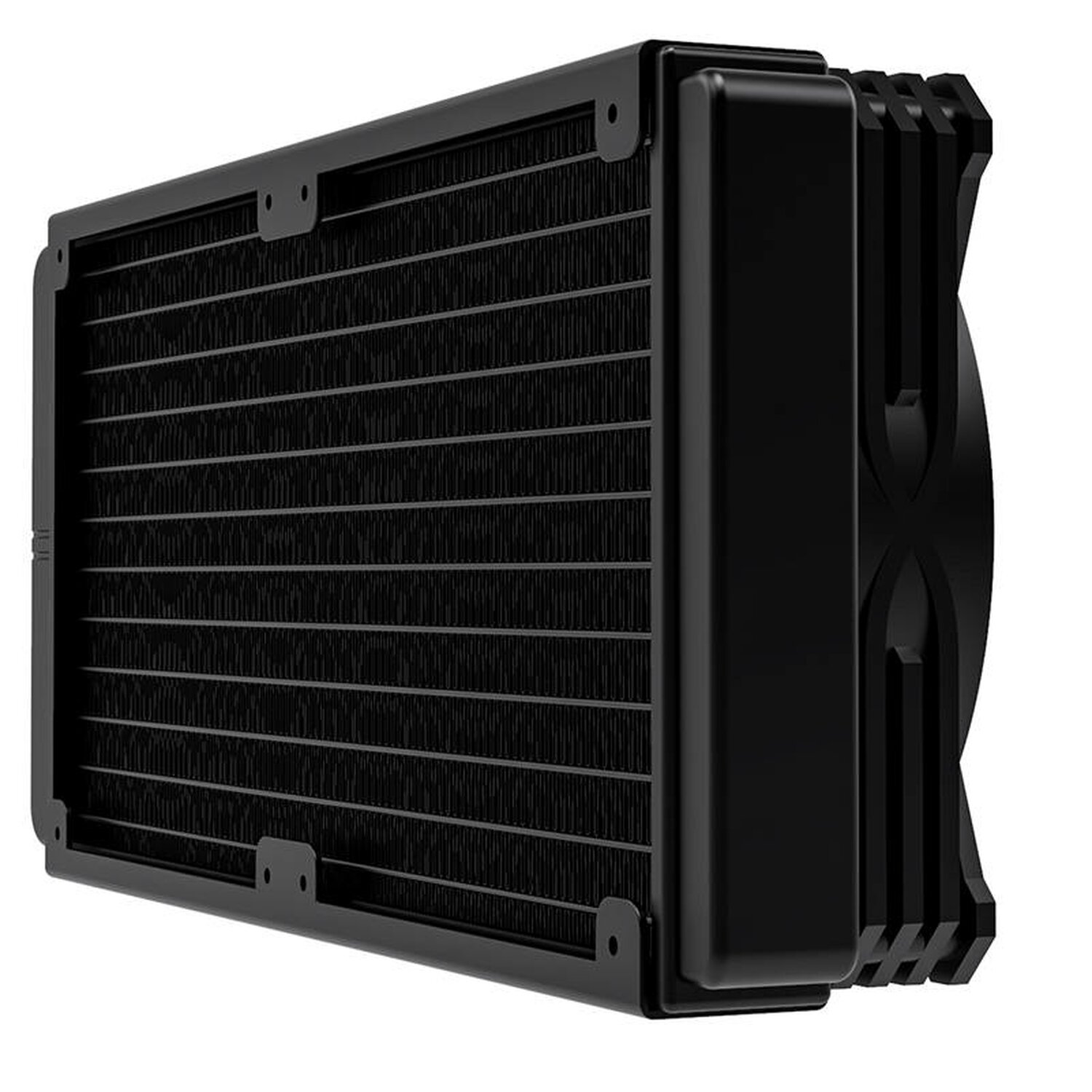 Schwarzer PC-Flüssigkeitskühler mit Radiator und Lüfter, Seitenansicht.