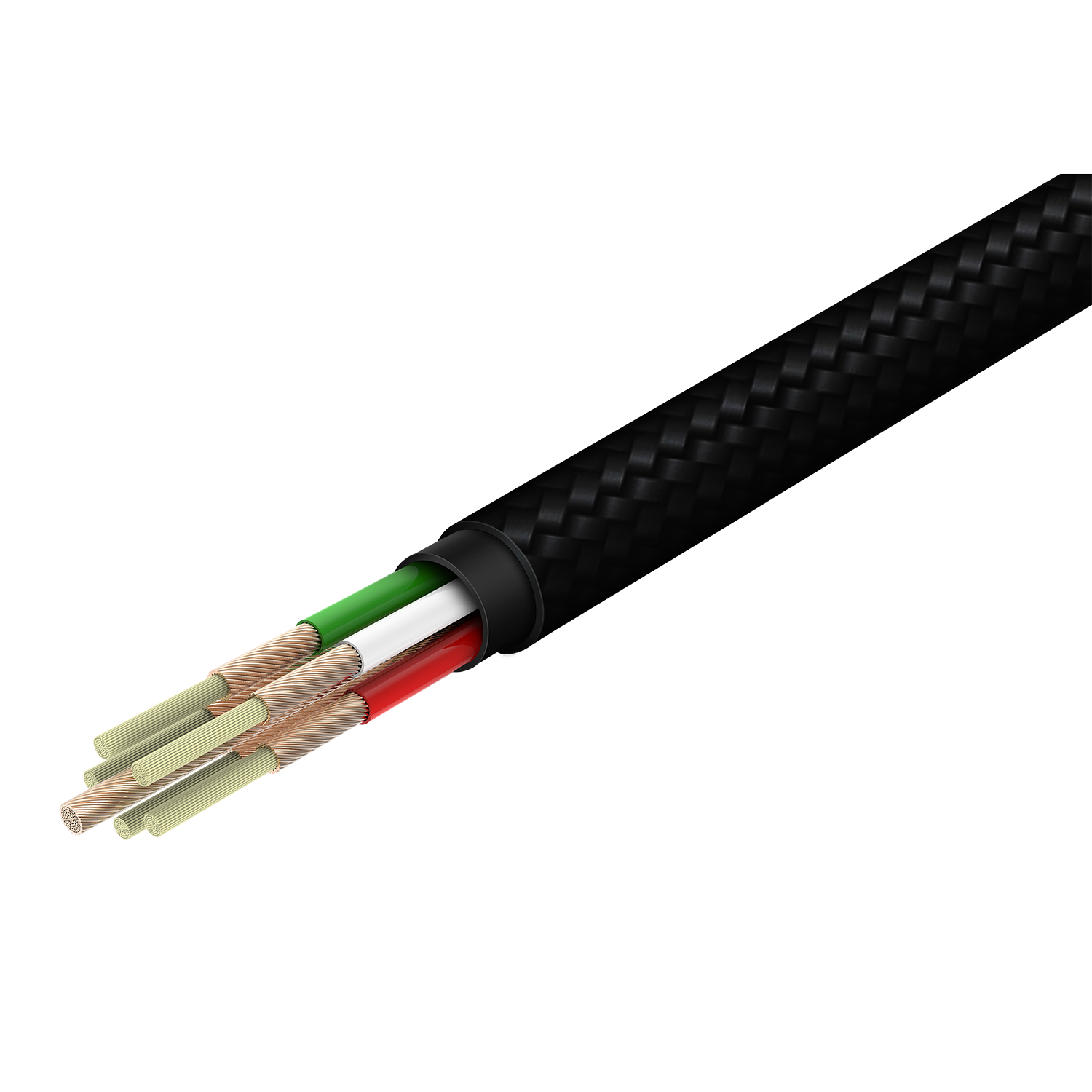 Ein schwarzes Kabel mit mehreren farbigen Drähten am Ende. Die Drähte sind grün, weiß und rot.