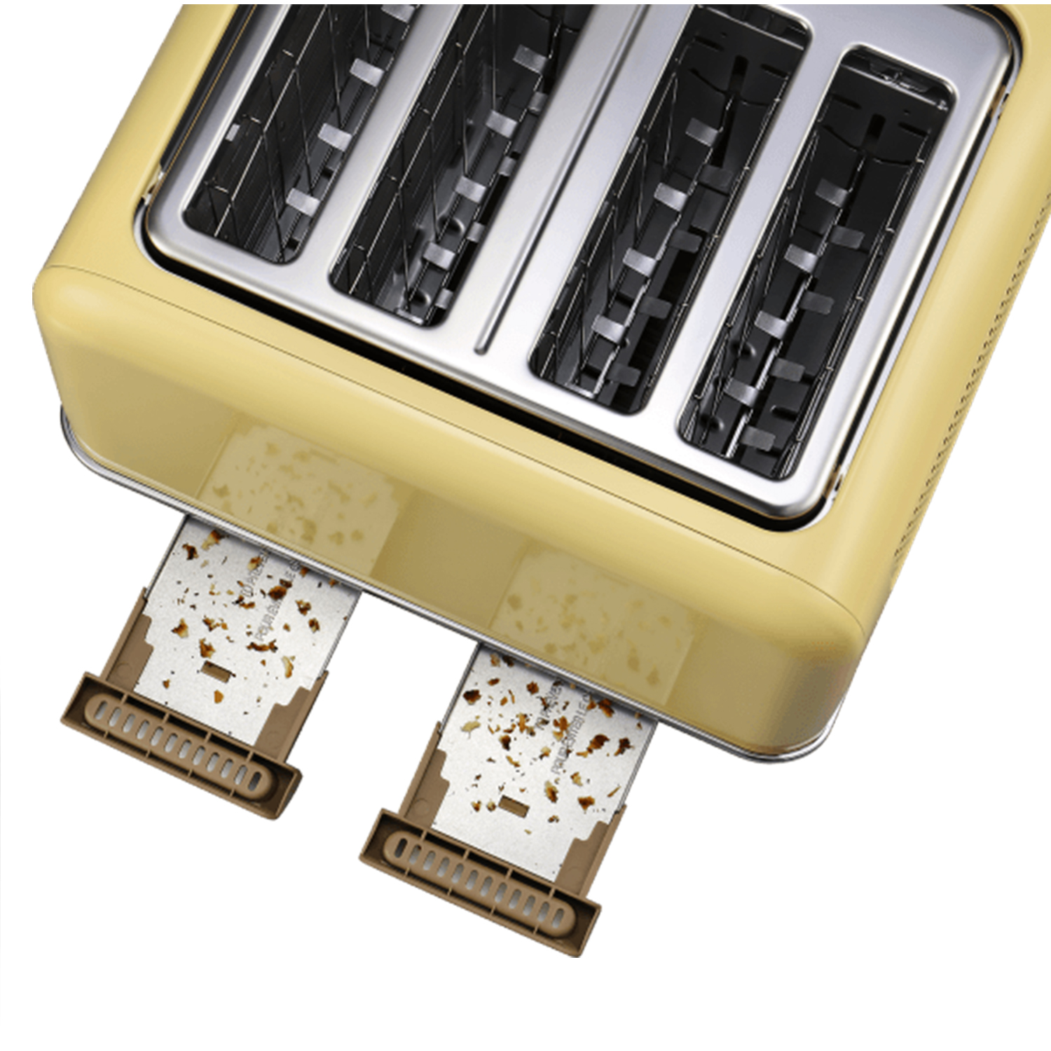 Żółty toster z dwoma kromkami tostów. Przypalone okruchy chleba wewnątrz. Białe tło.