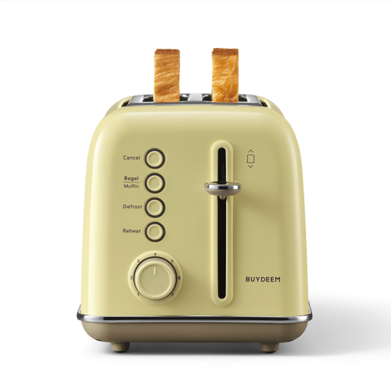 Kremowy toster z dwoma kromkami tostów. Widoczne przyciski i pokrętło.