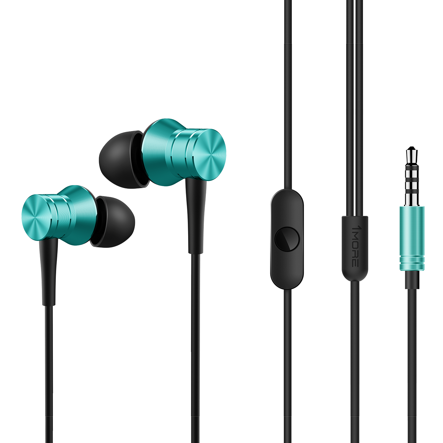 Auricolari con finitura metallica verde acqua e punte in gomma nere. Sfondo nero, con telecomando nero.
