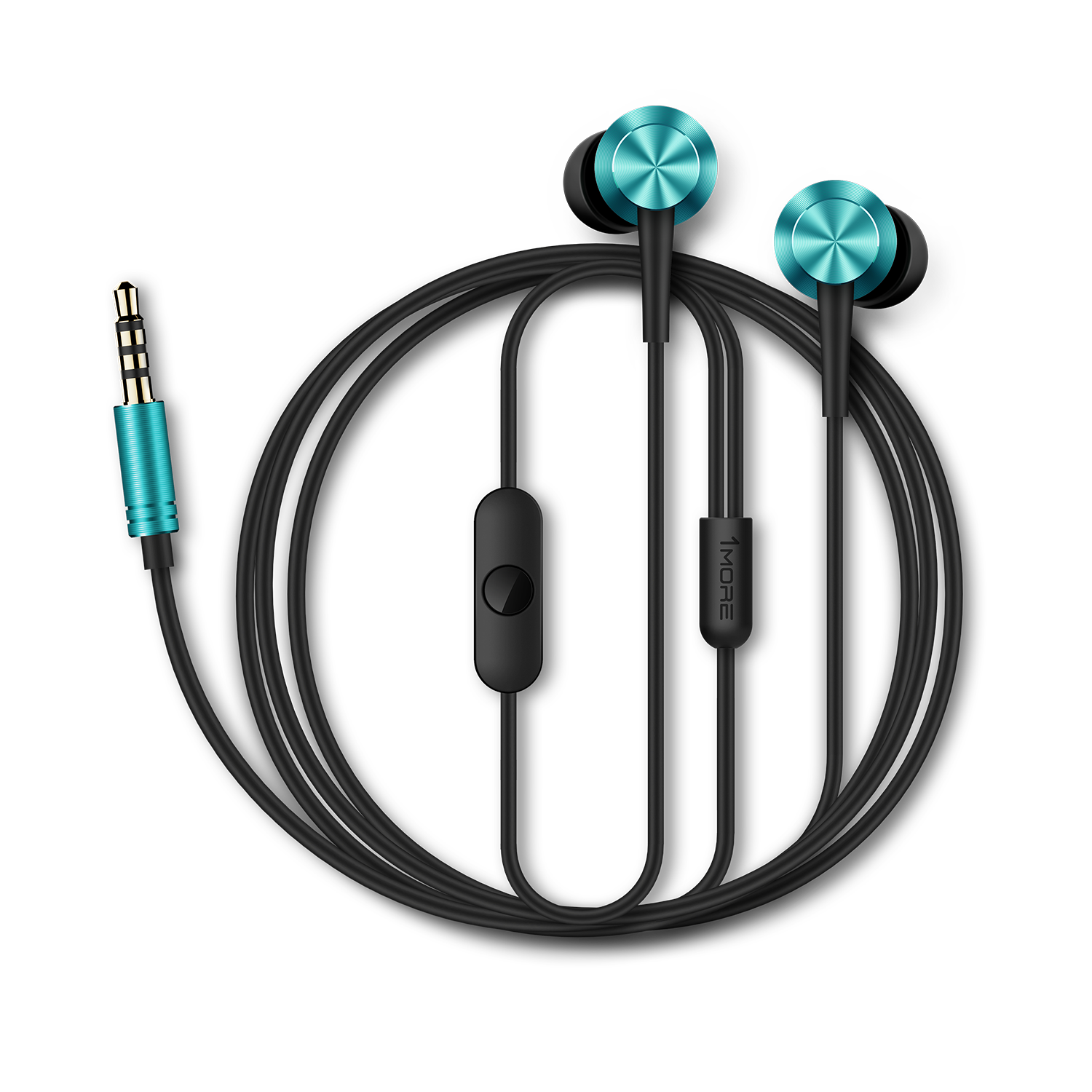 Auricolari con finitura metallica verde acqua, cavo e telecomando neri, jack verde acqua. Sfondo nero.