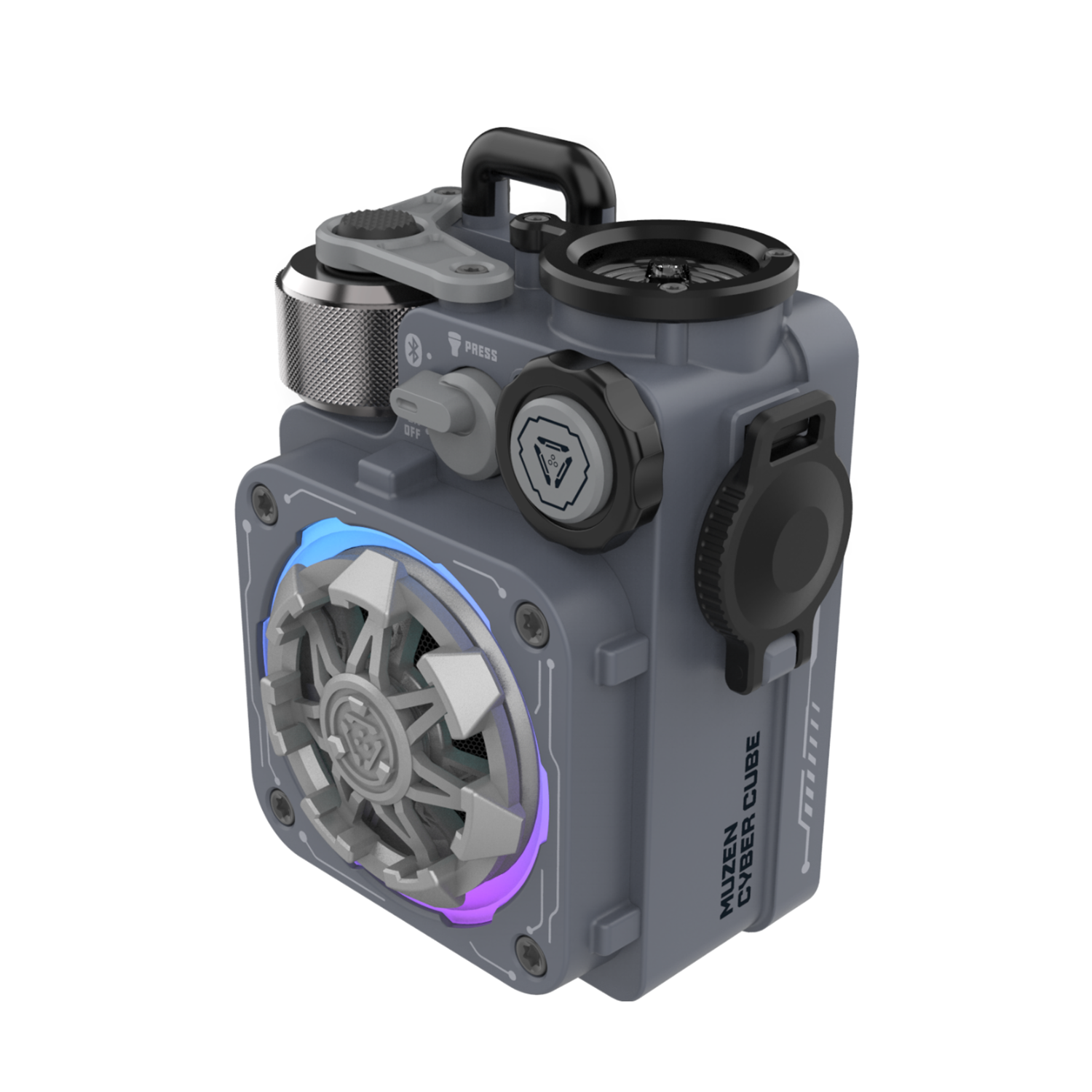 Ein grauer Muzen Cyber Cube Lautsprecher mit Bedienelementen und einem Frontlüfter.