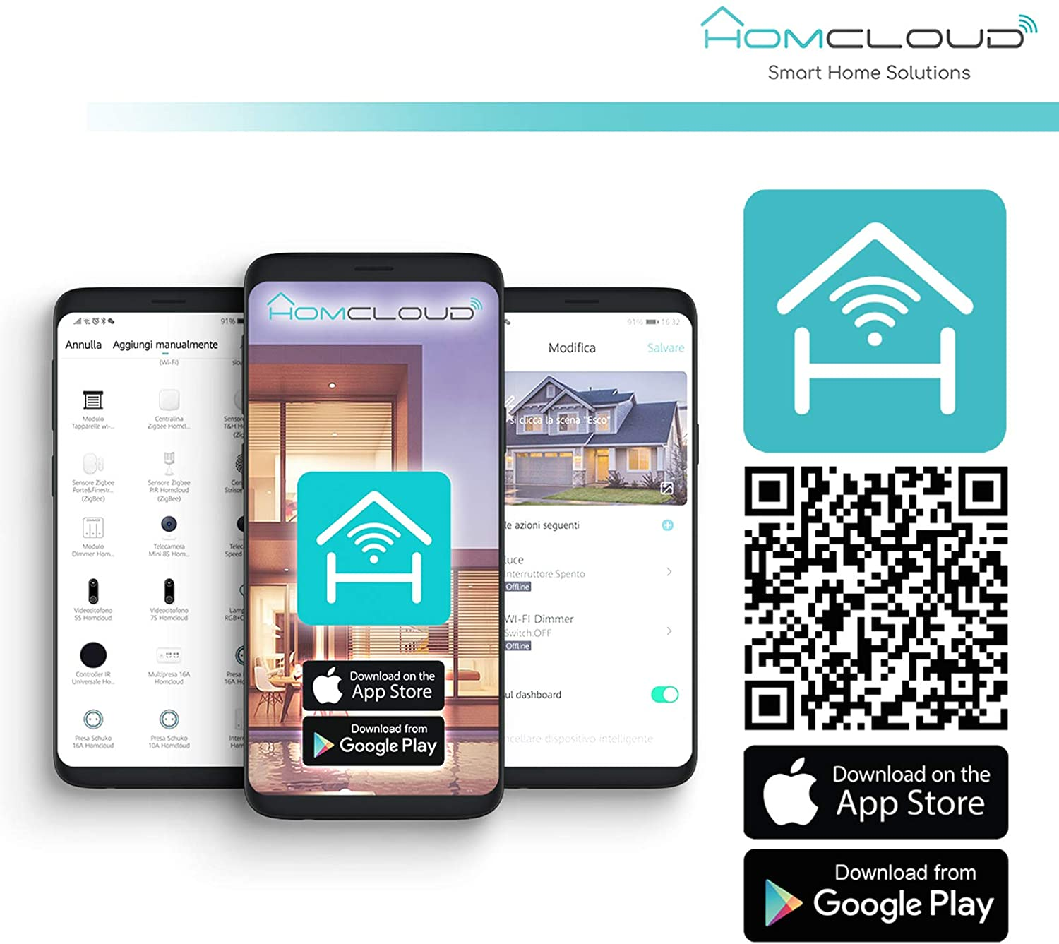 Tre smartphone che mostrano l'interfaccia dell'app Homcloud. Include loghi degli app store e codice QR.