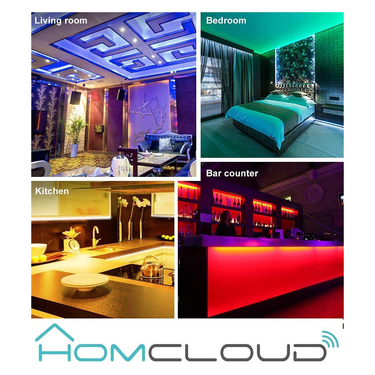 Quattro immagini che mostrano l'illuminazione a LED in diverse stanze: soggiorno, camera da letto, cucina e bar.