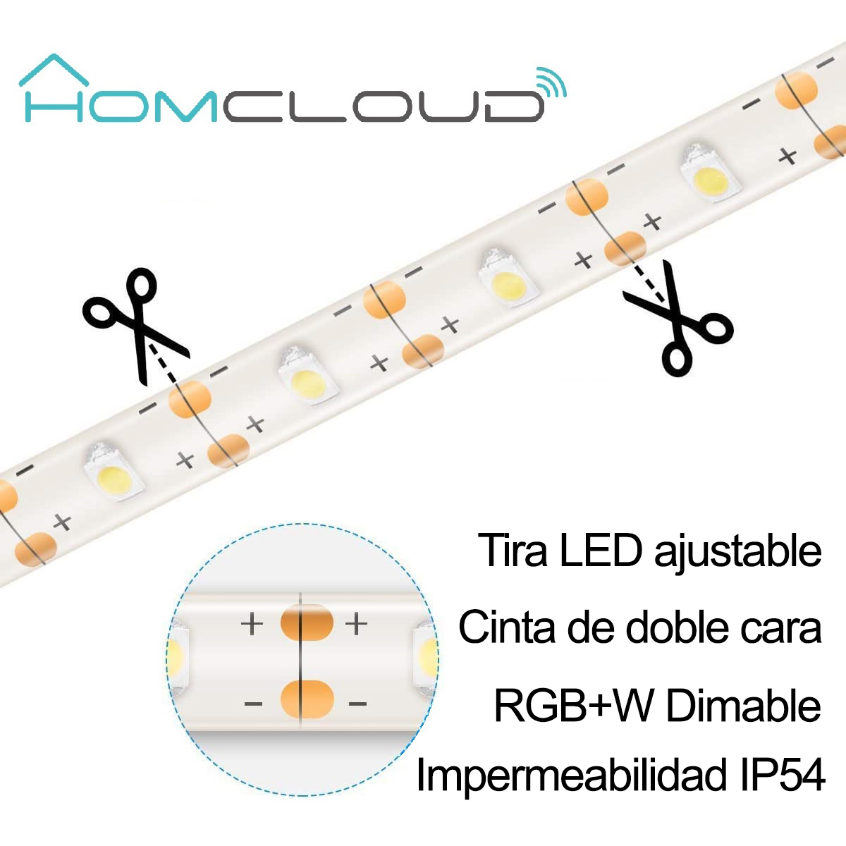 Striscia LED con segni di taglio e testo in spagnolo: striscia LED regolabile, nastro biadesivo, RGB+W dimmerabile, IP54.