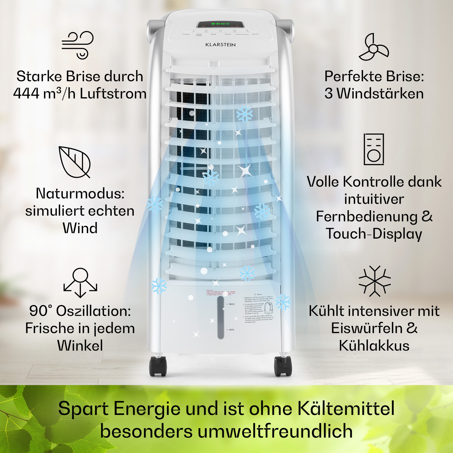 Weißer Luftkühler mit Funktionsbeschreibungen: Luftstrom, Windmodi, Oszillation usw.