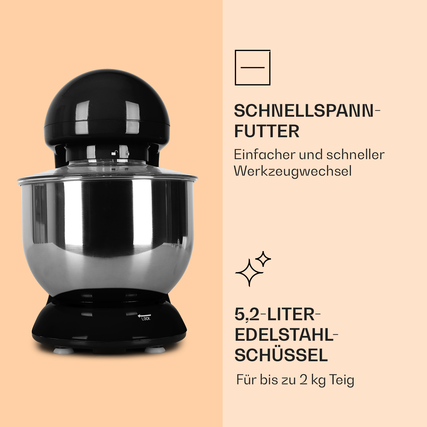 Schwarzer und silberner Standmixer mit Textbezeichnungen. Text: Schnellspanner, 5,2L Edelstahl-Schüssel.