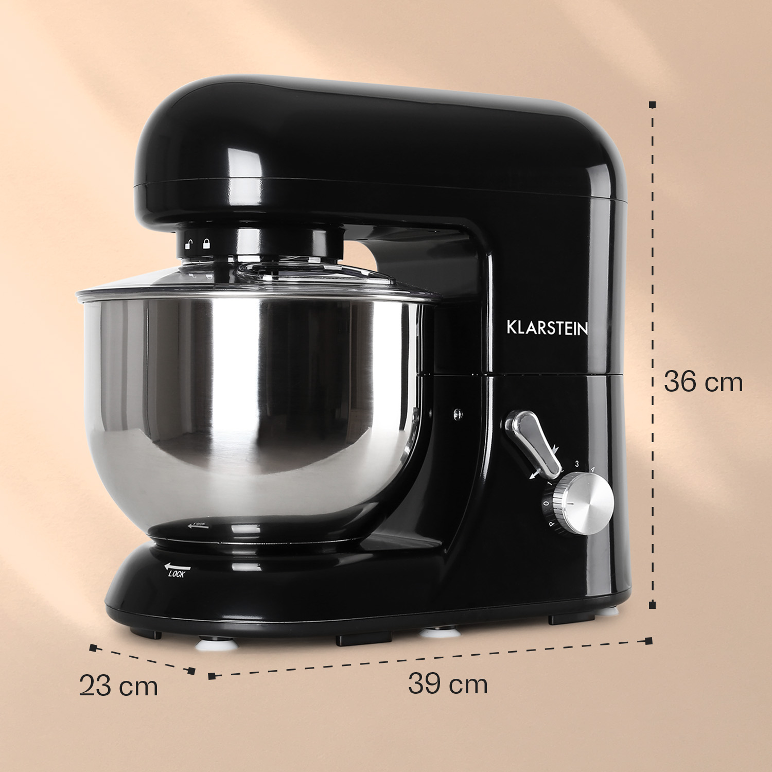 Schwarzer Küchenmixer. Edelstahlschüssel. Abmessungen sind angegeben.