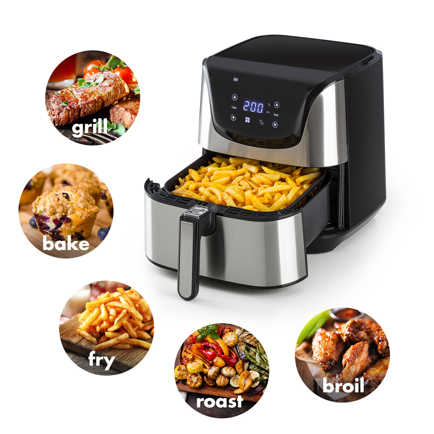 Una friggitrice ad aria con illustrazioni di vari cibi cotti: bistecca, muffin, patatine fritte, arrosto e grigliato.