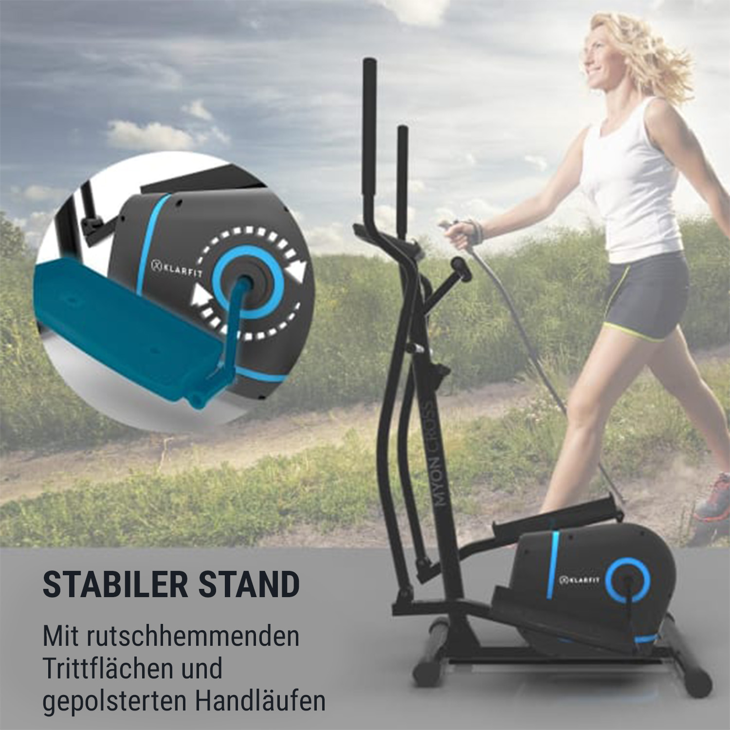 Frau benutzt Ellipsentrainer. Text: "STABILER STAND", und Infos über Stand und Griffe.