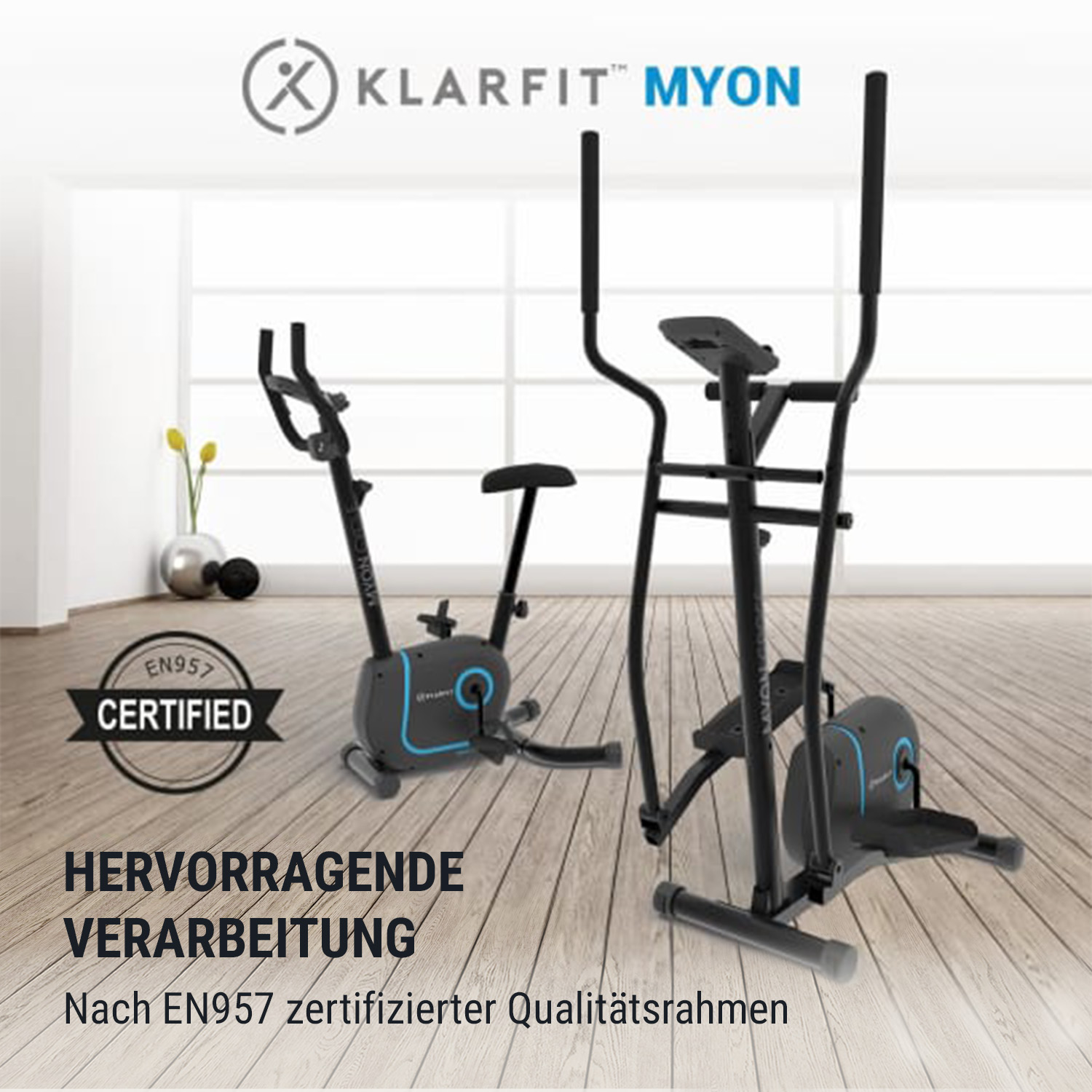 Zwei Trainingsgeräte in einem Raum mit Text: Fahrrad und Ellipsentrainer. Schwarz-Grau-Farben.