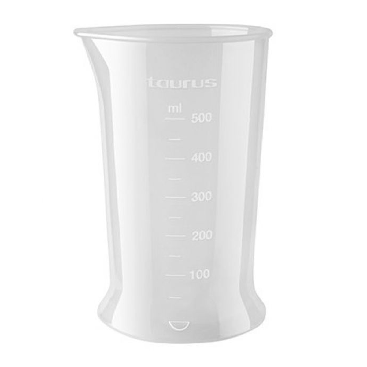 Tazza di misurazione bianca con indicatori in ml. Forma curva. Isolato su sfondo bianco.
