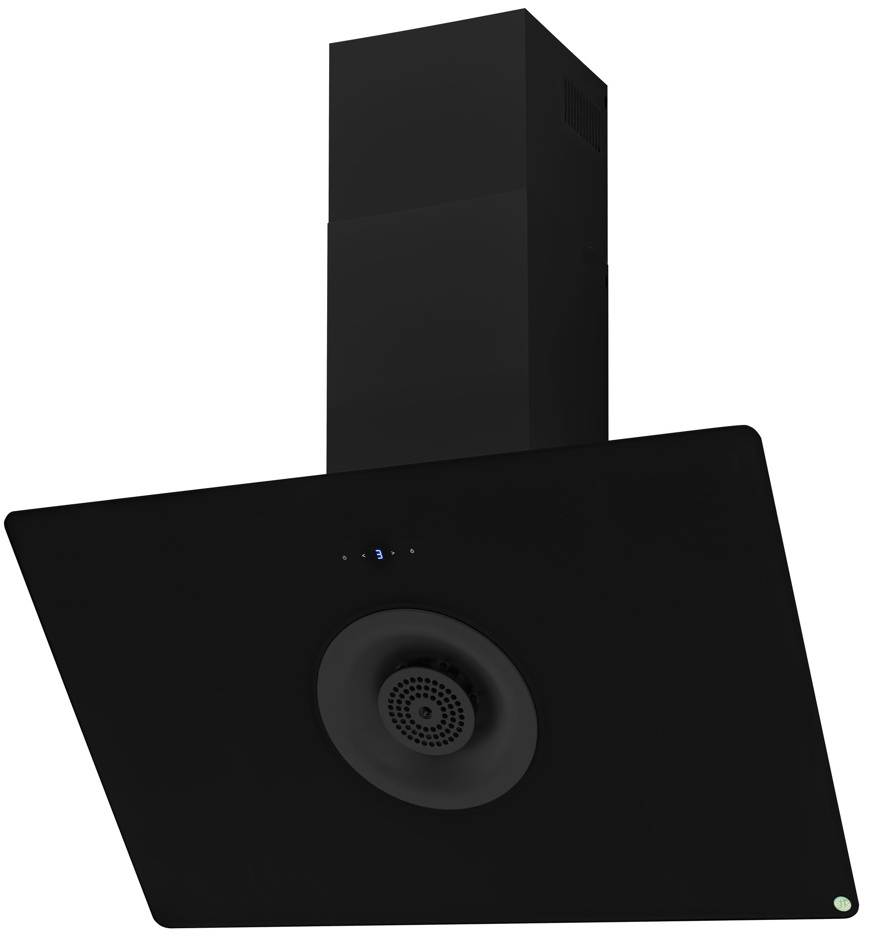 Schwarze Dunstabzugshaube mit quadratischem Design, an der Wand montiert. Mit rundem Ventil.