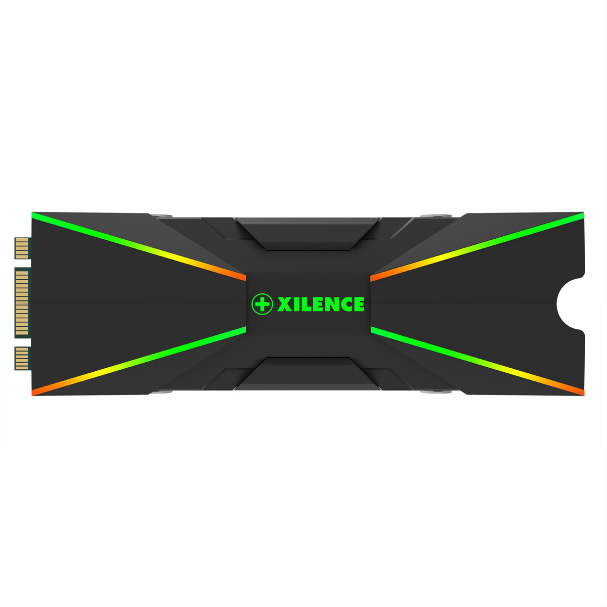 Een zwarte Xilence SSD met groene en oranje lichten. Hij is rechthoekig, met connectoren aan één kant en een logo.