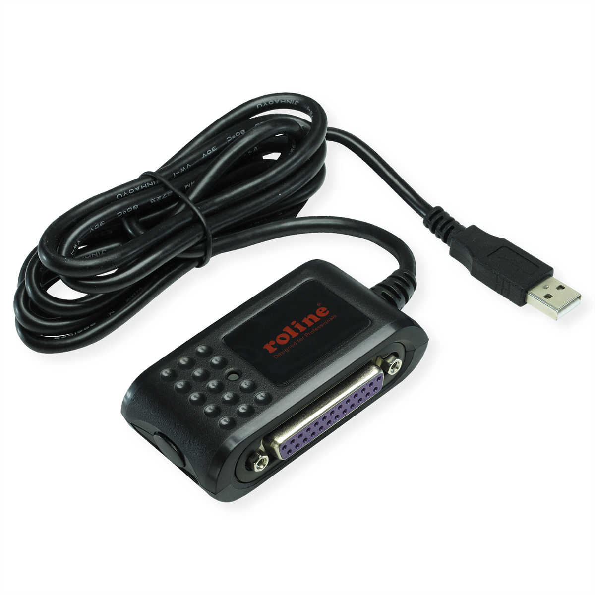 Un câble adaptateur noir avec un USB et un connecteur 25 broches, isolé sur blanc.