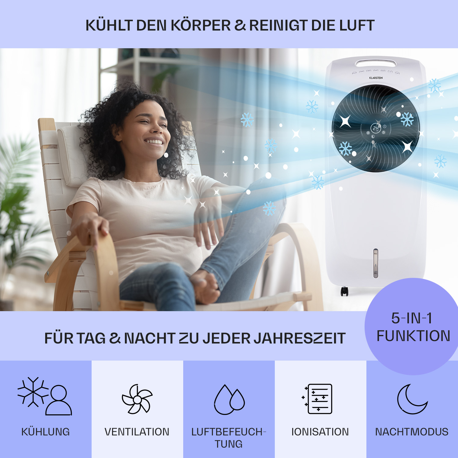 Eine Frau sitzt in einem Schaukelstuhl, im Hintergrund ein Luftkühler mit Symbolen und Text.