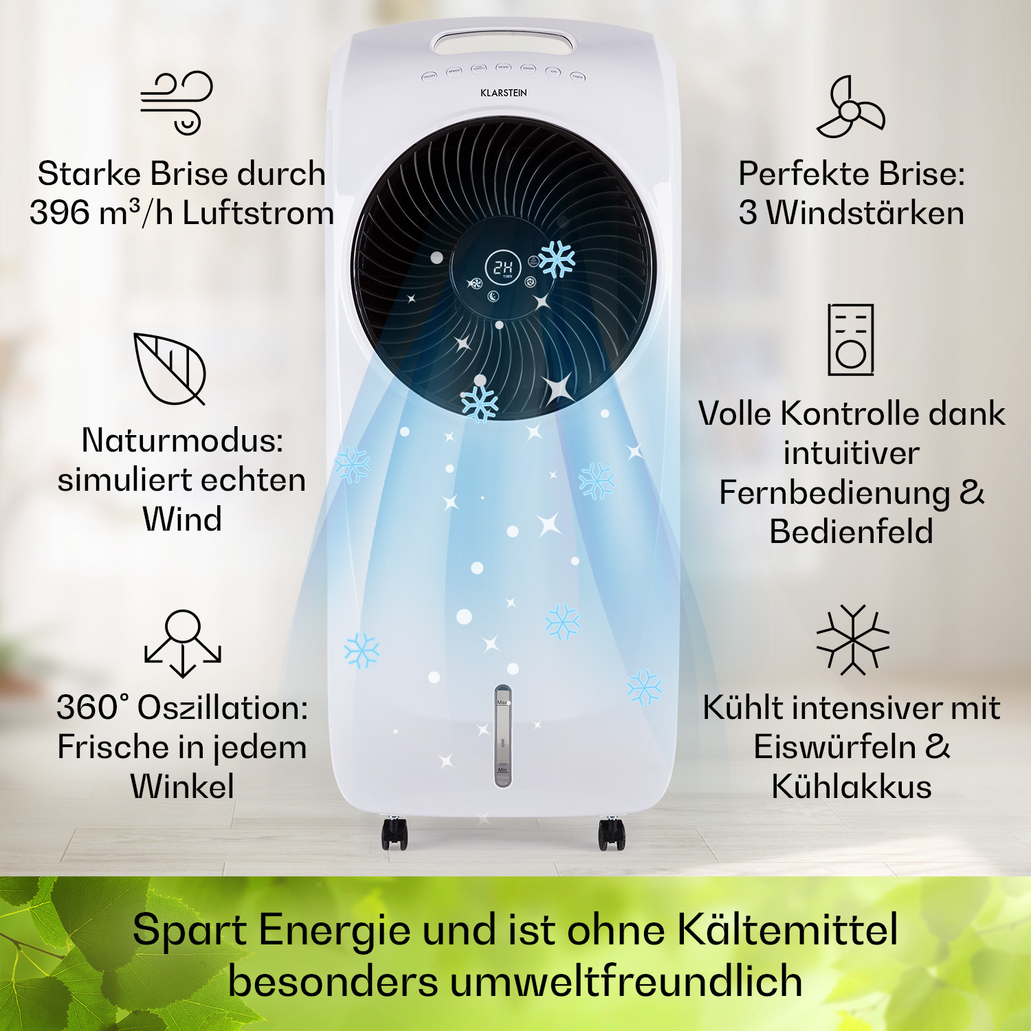 Weißer Luftkühler mit Symbolen und Text, der seine Funktionen beschreibt, auf weißem Hintergrund.