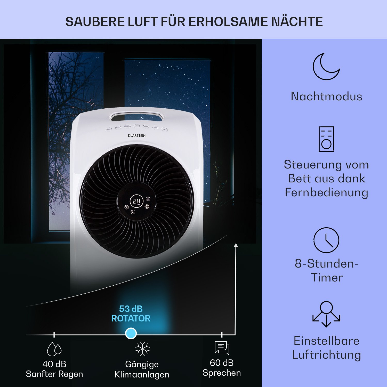 Weißer Luftreiniger mit Symbolen und Text auf lila Hintergrund, unter Fenster.