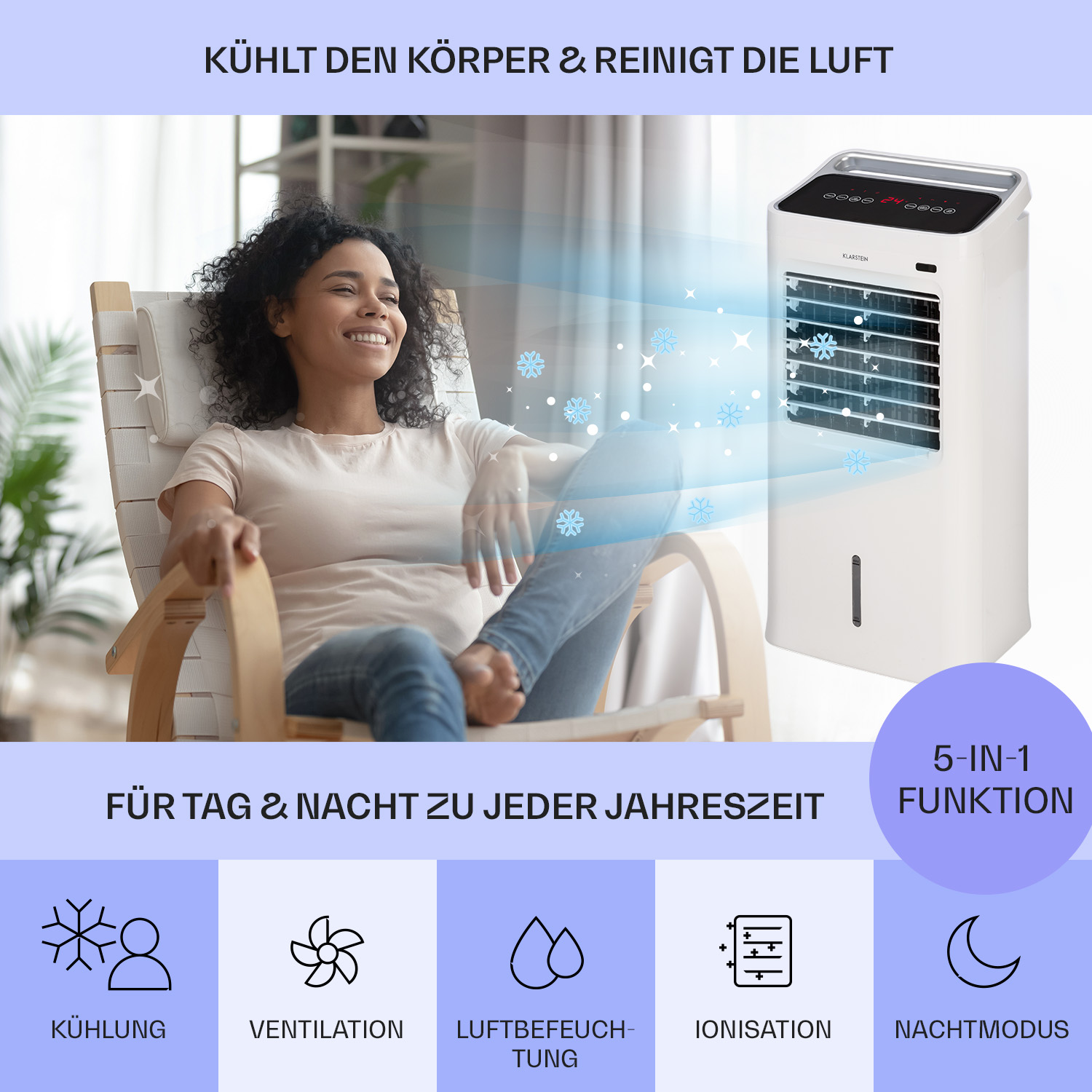 Eine Frau sitzt in der Nähe eines weißen Luftkühlers. Grafiken und Text beschreiben die Funktionen des Kühlers.