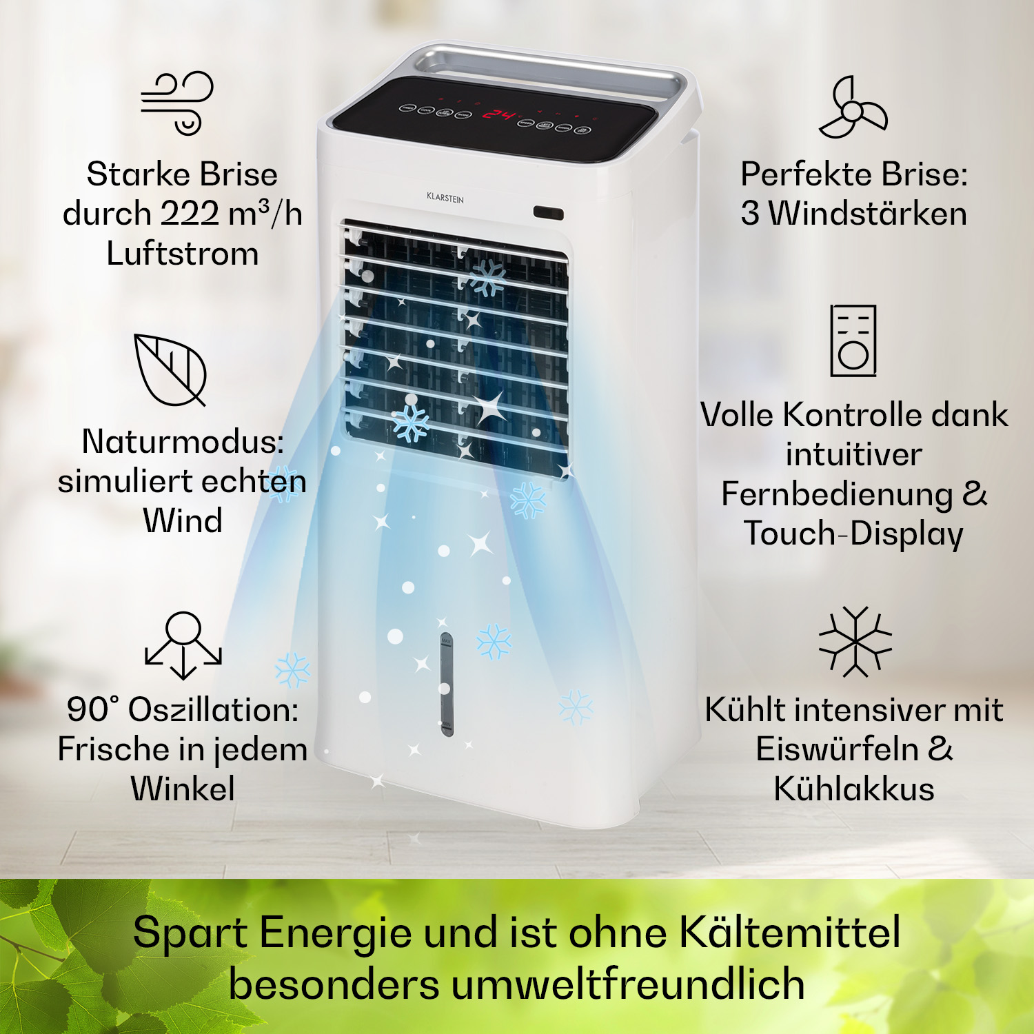 Ein weißer Luftkühler mit Text und Symbolen, der Wind simuliert, auf weißem Hintergrund.