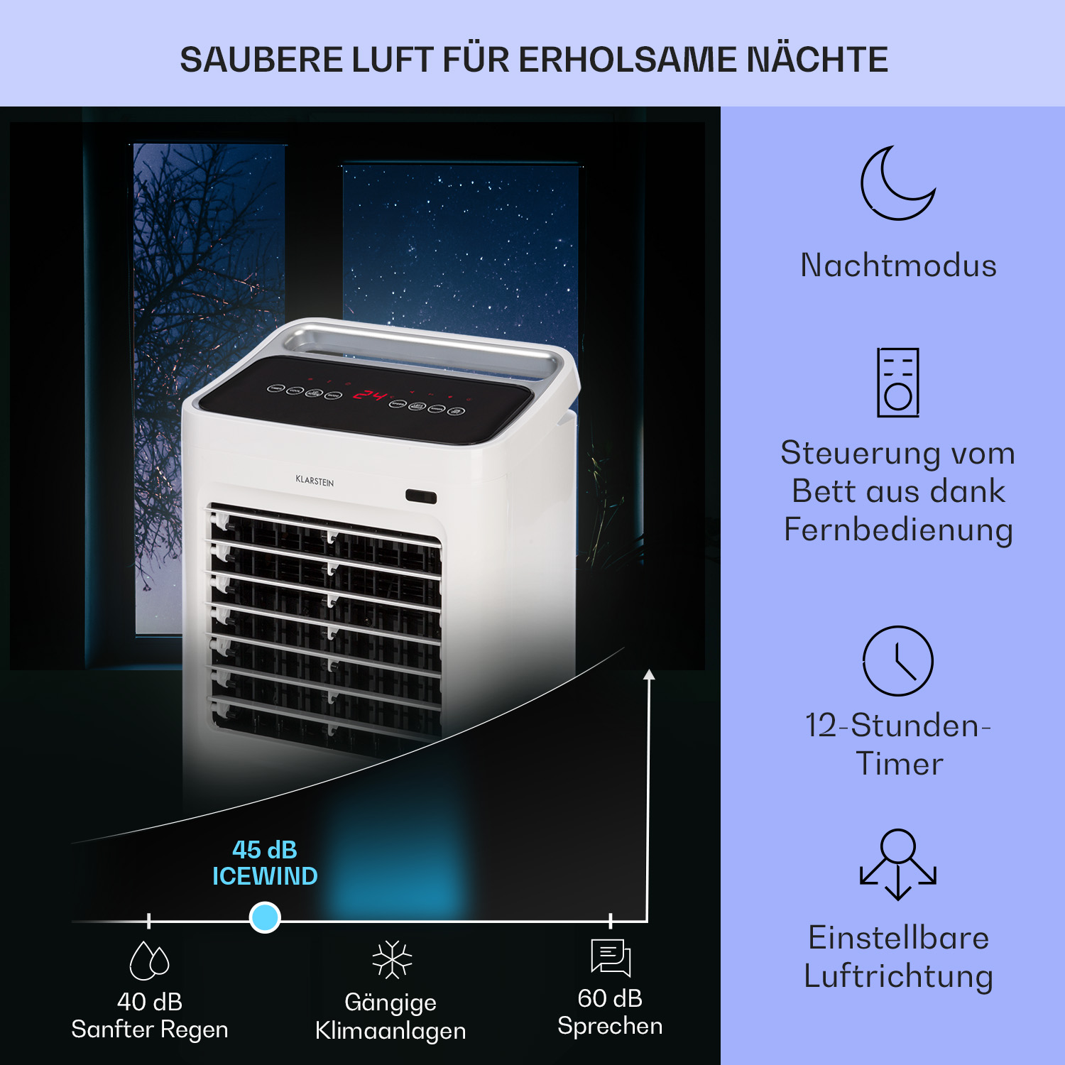 Weißer Luftkühler mit Bildschirm. Symbole und Text beschreiben Funktionen. Nachthimmel im Hintergrund. Weißes und lila Farbschema.
