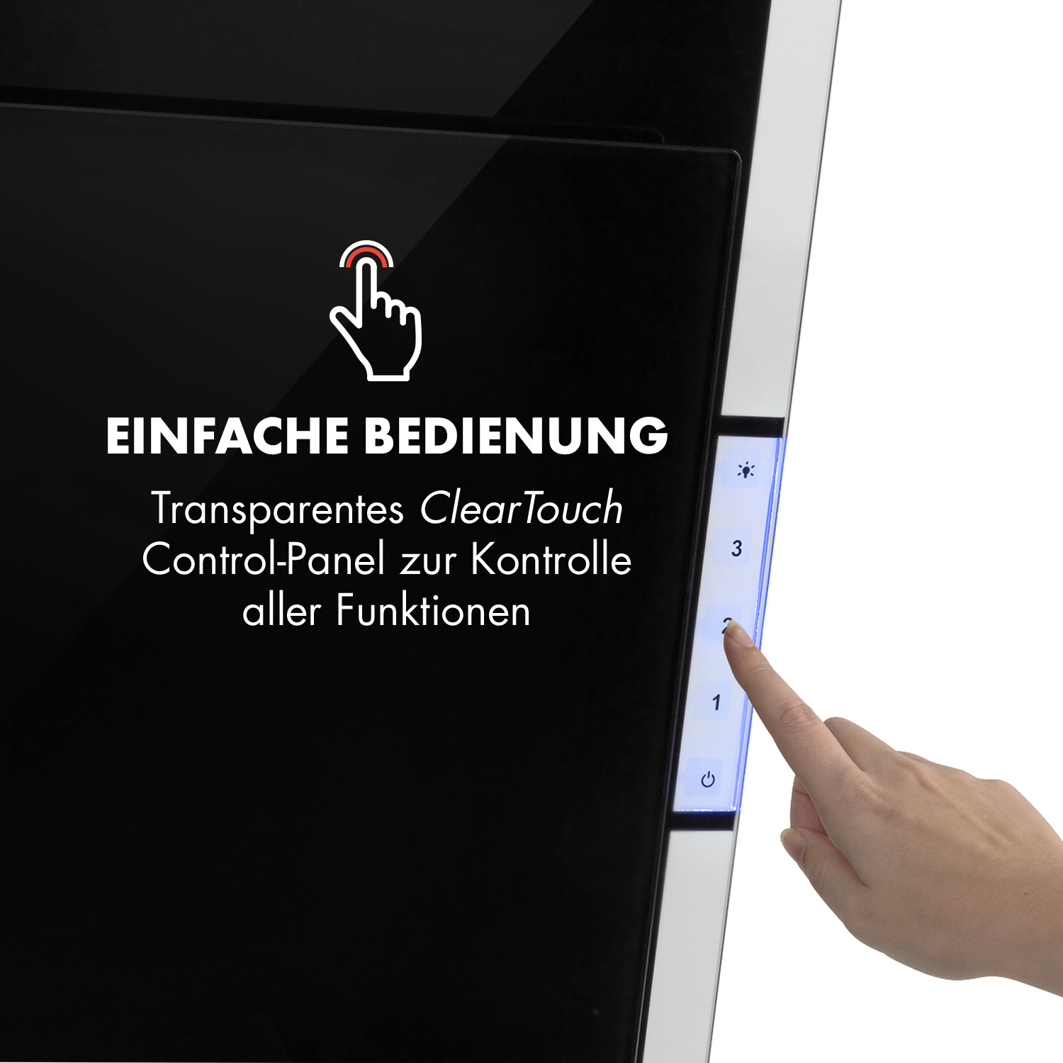 Eine Hand berührt ein Bedienfeld. Text: Einfache Bedienung.