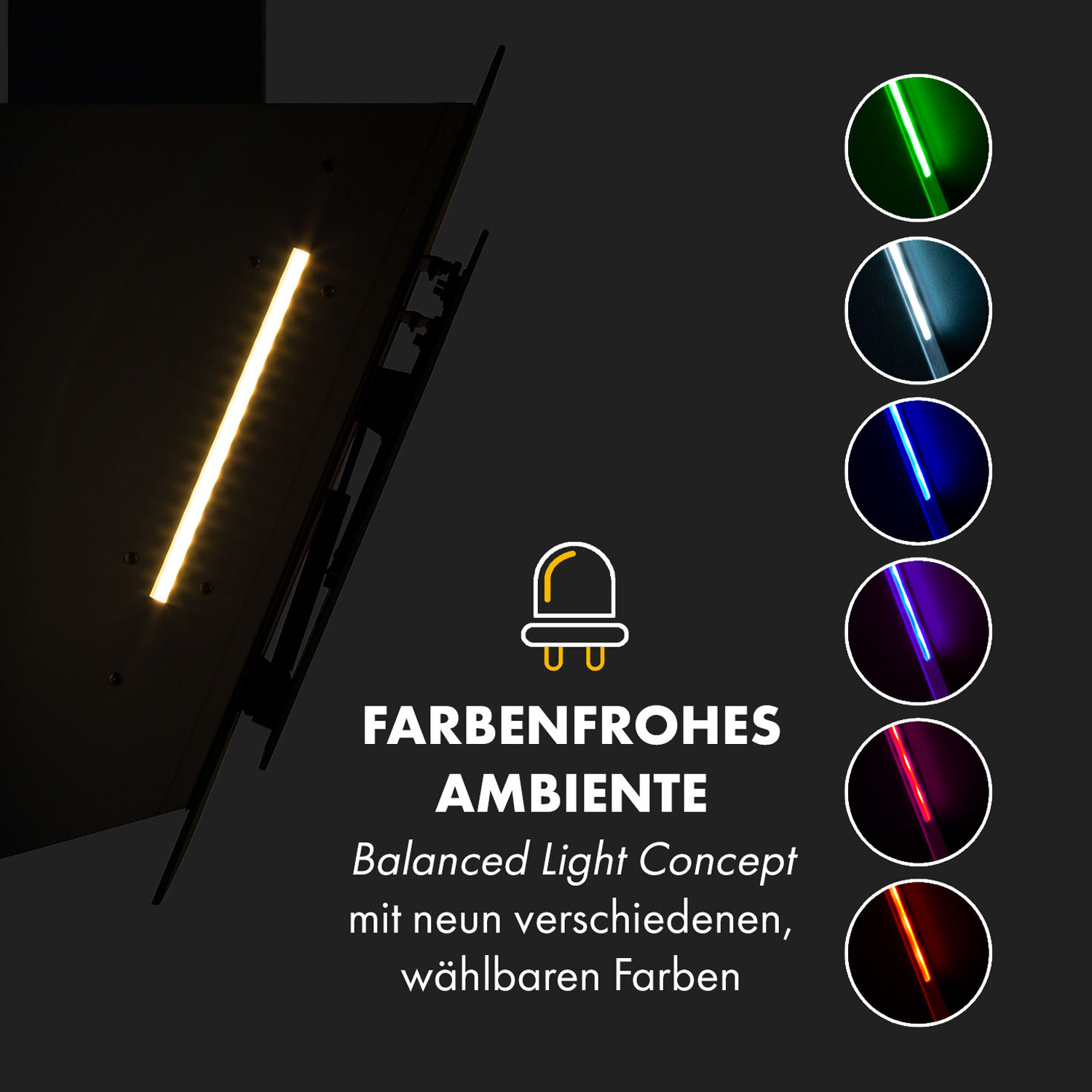 Primer plano de una tira de luz con opciones de color, texto sobre la luz.