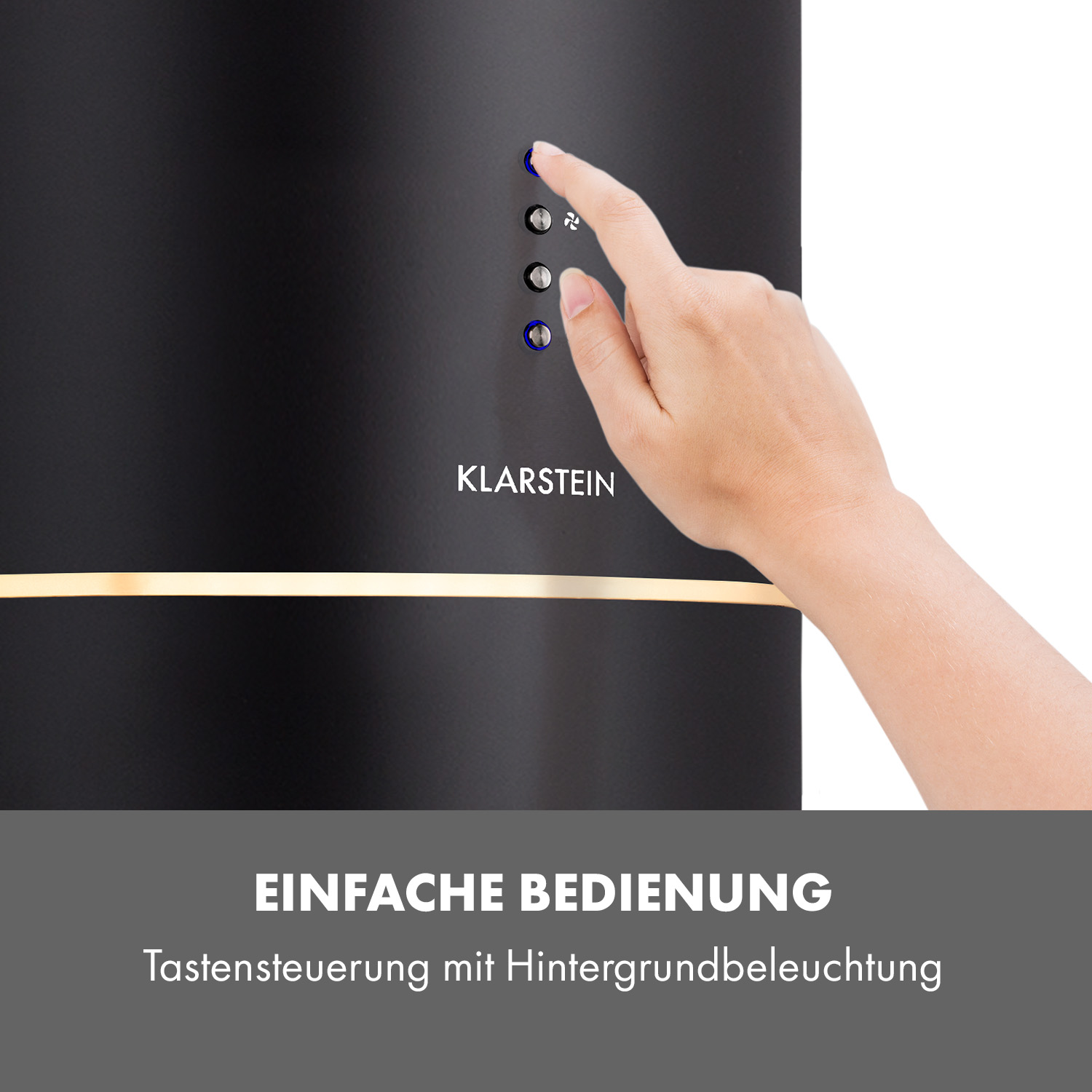 Hand berührt ein schwarzes Gerät mit Touch-Bedienelementen und Hintergrundbeleuchtung.