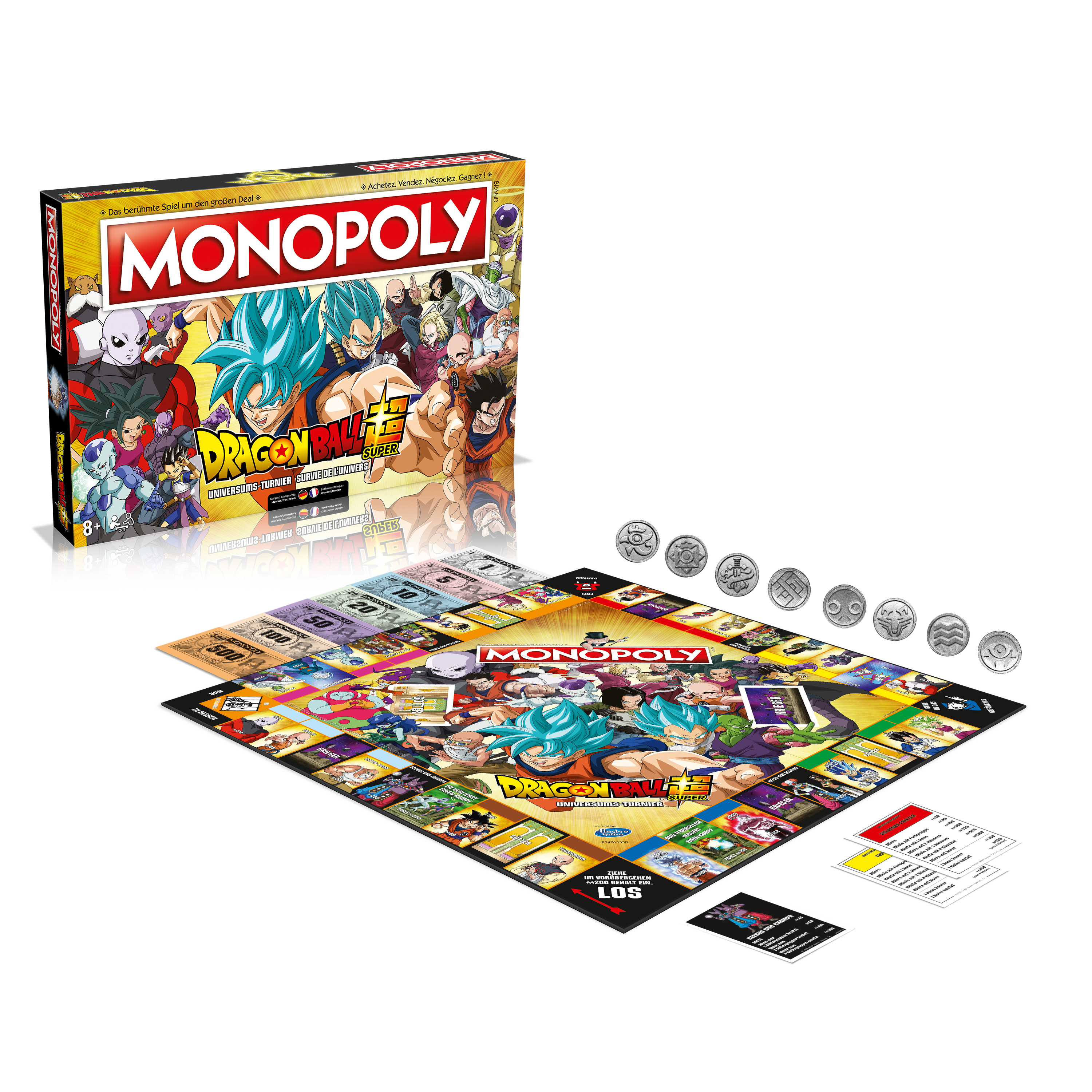 Monopoly Dragon Ball Super Brettspiel, Schachtel und Spielbrett mit Charakteren.