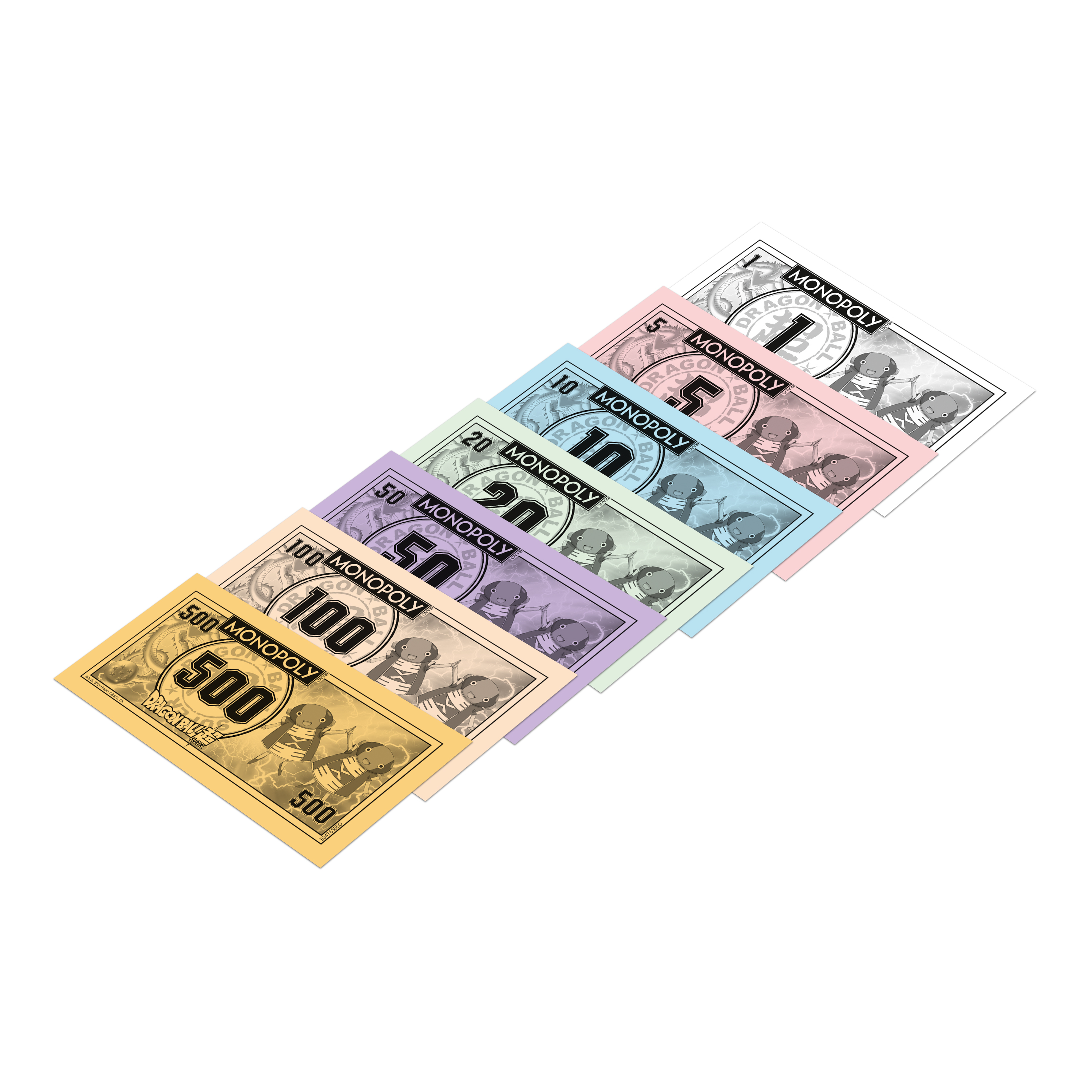 Monopoly-Geld auf weißem Hintergrund, bunte Scheine.