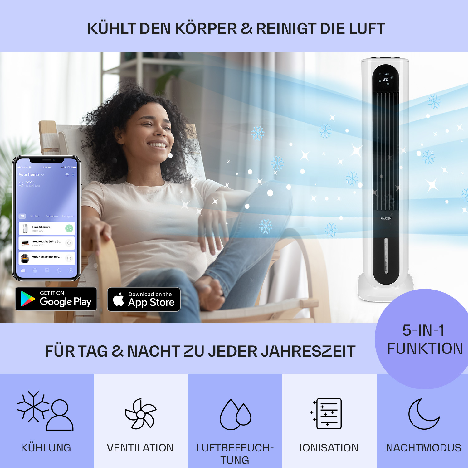 Frau benutzt Smartphone, sitzt neben weißem Luftkühler, mit App-Oberfläche und Symbolen.