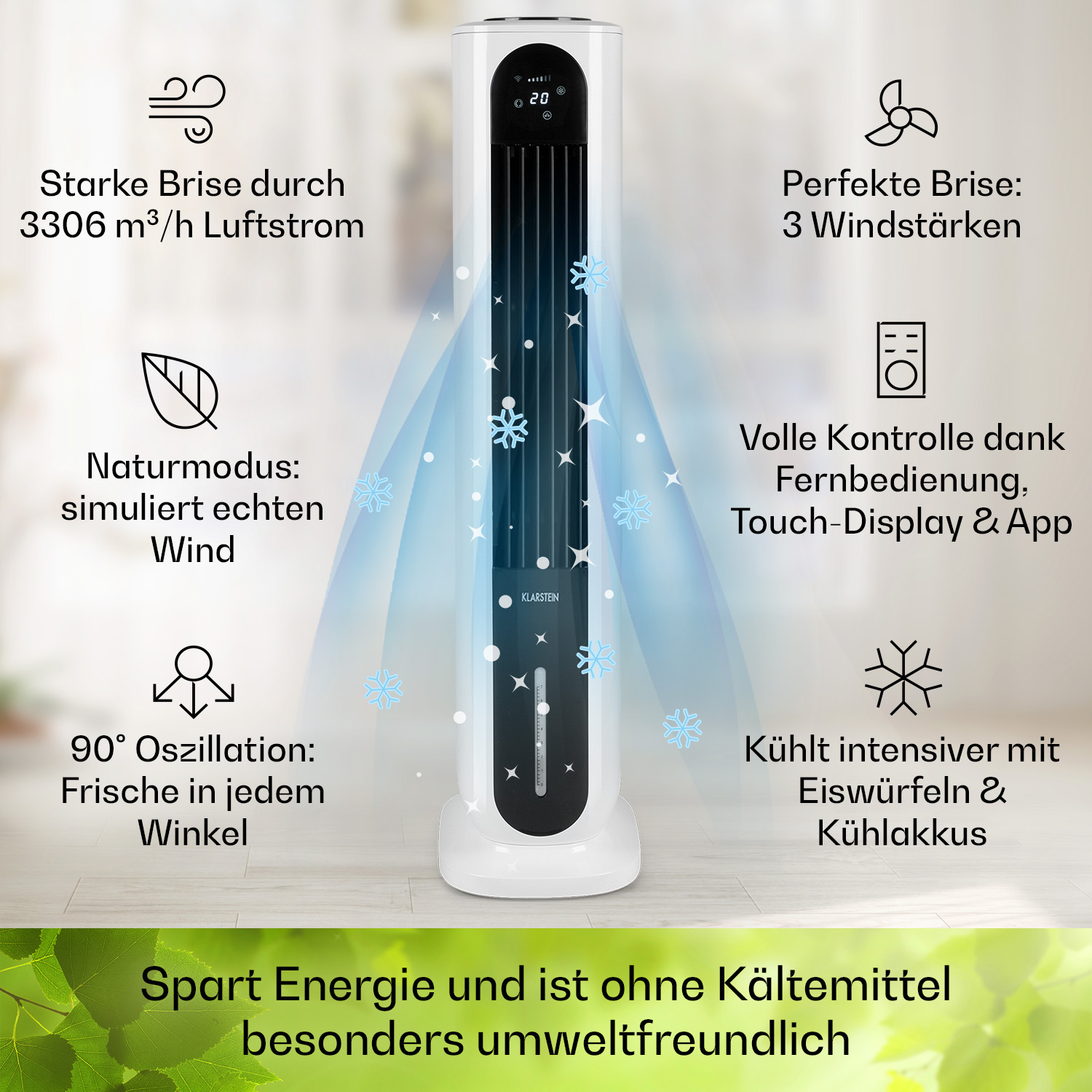 Weißer Turmventilator mit blauen Luftstromgrafiken. Text zeigt Produktmerkmale und Vorteile.