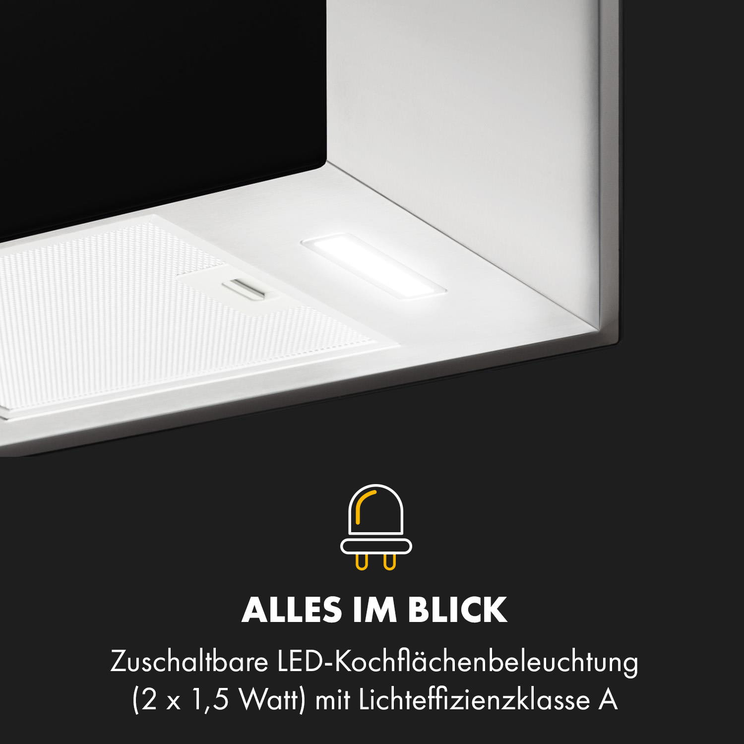 Un primo piano di una cappa bianca con una luce LED brillante.
