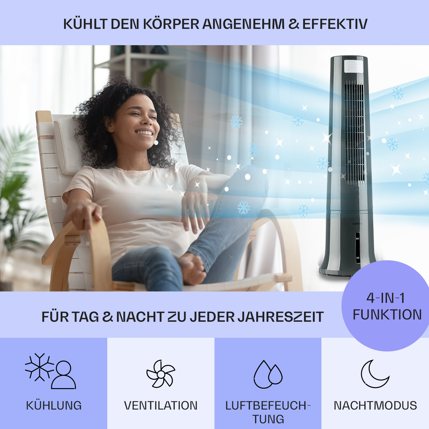 Frau entspannt sich in der Nähe eines hohen, schwarzen Ventilators mit Symbolen und Text.