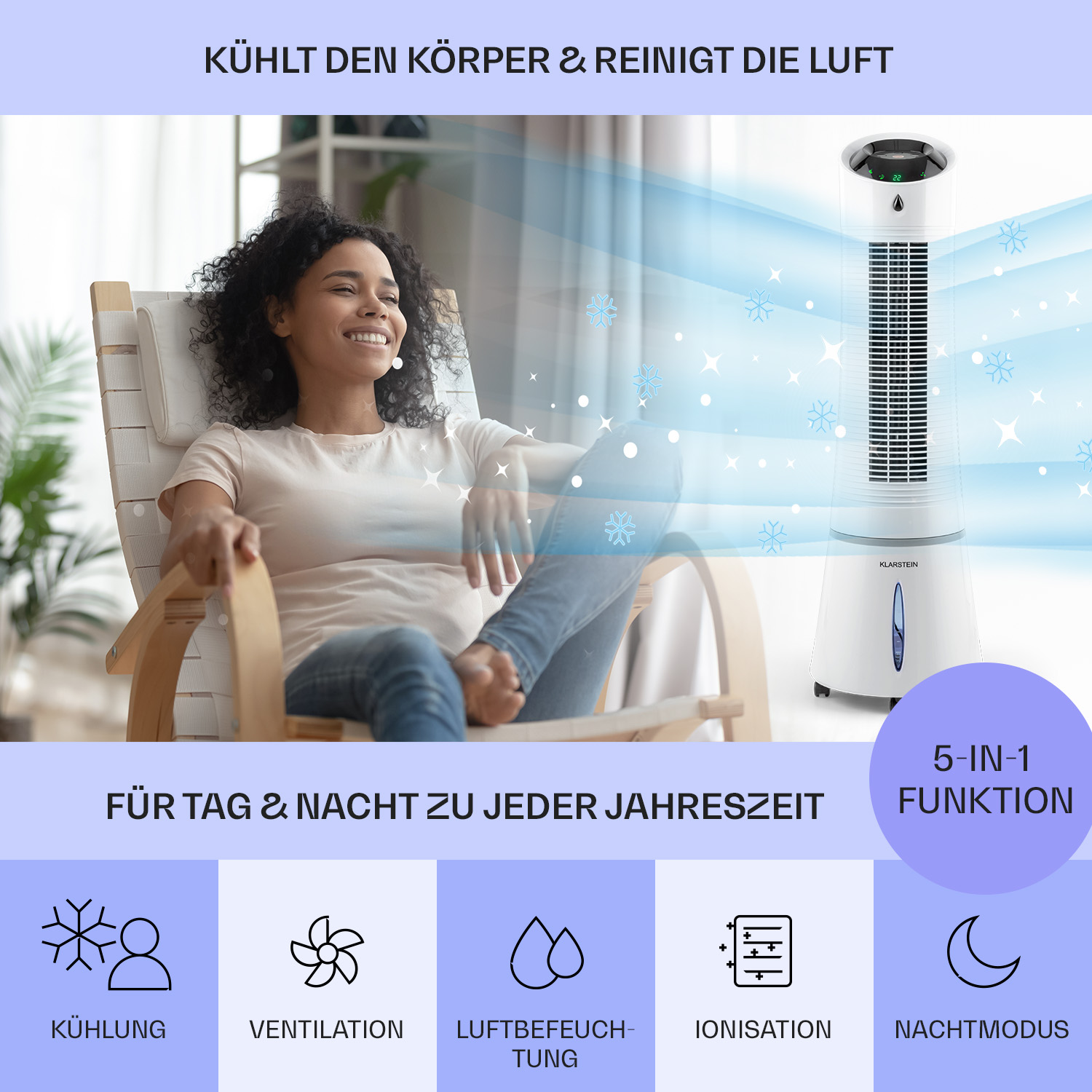 Frau entspannt sich neben einem Turmventilator, mit Symbolen für verschiedene Funktionen.