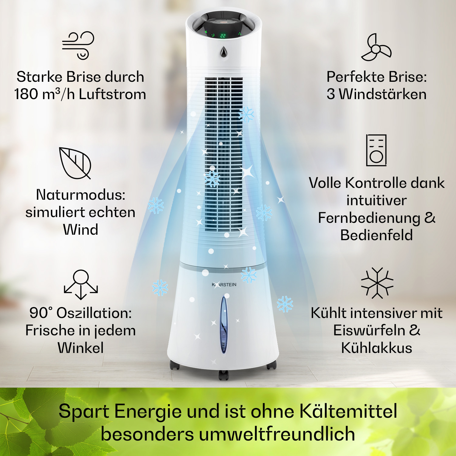 Weißer Luftkühler mit Symbolen, die Luftstrom, Windstärke, natürlichen Windmodus und Oszillationsfunktionen zeigen.