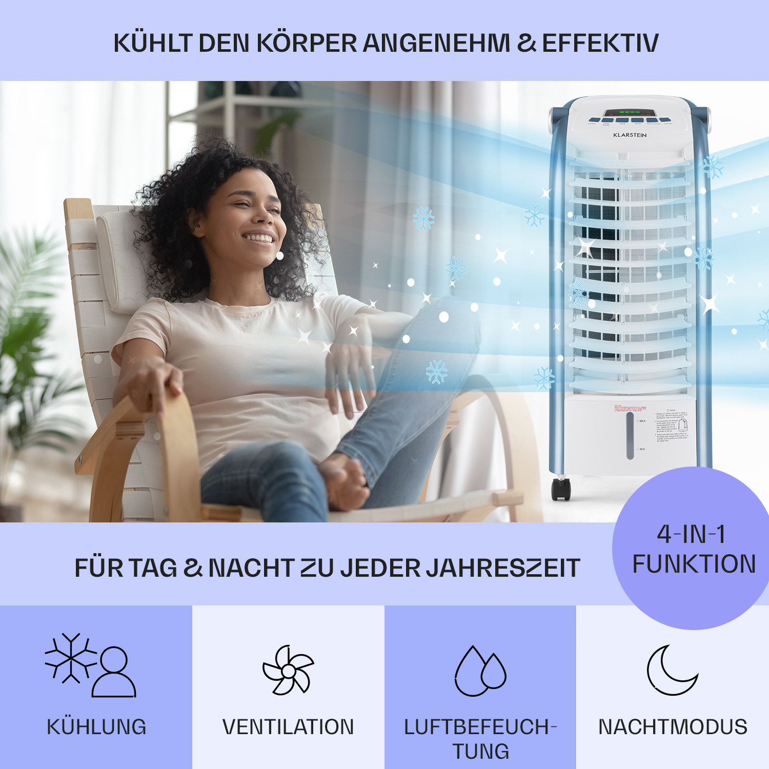 Frau in einem Stuhl lächelt in der Nähe eines weißen Klarstein-Luftkühlers mit mehreren Funktionen.