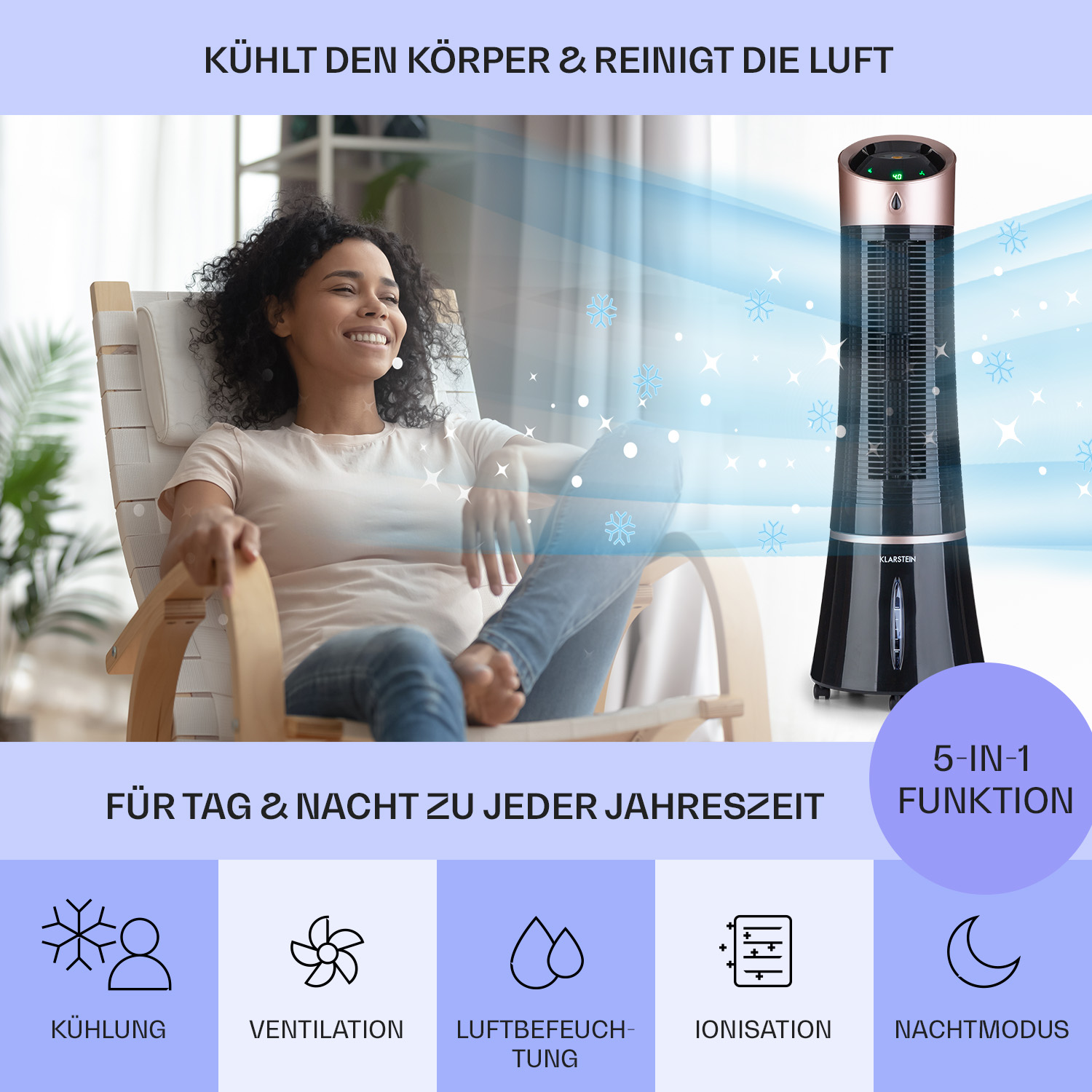 Eine Frau sitzt in einem Stuhl mit einem Turmventilator. Text unten listet Funktionen auf.