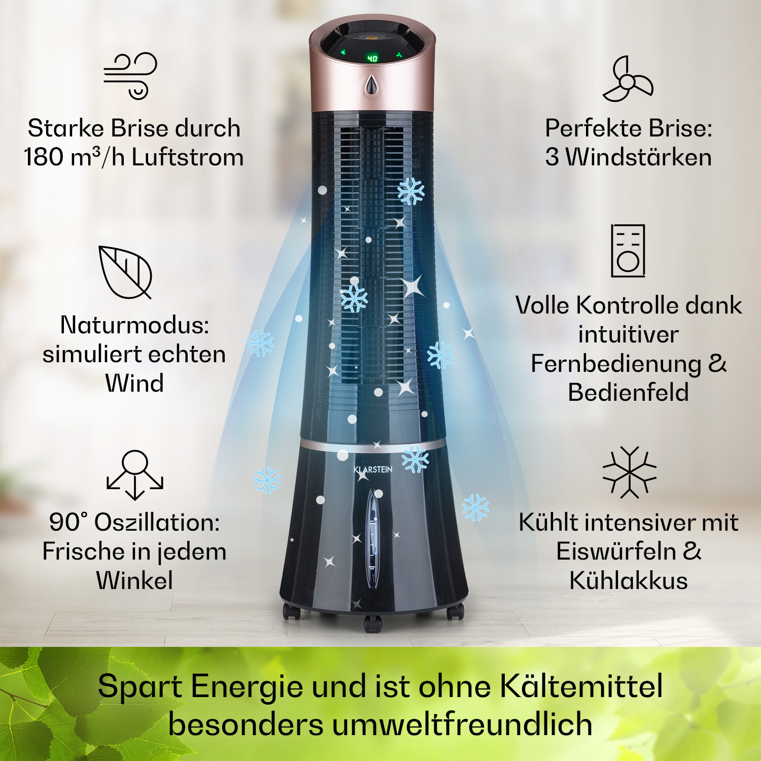 Ein schwarzer und roségoldener Luftkühler mit Symbolen und Text, die seine Funktionen erklären.