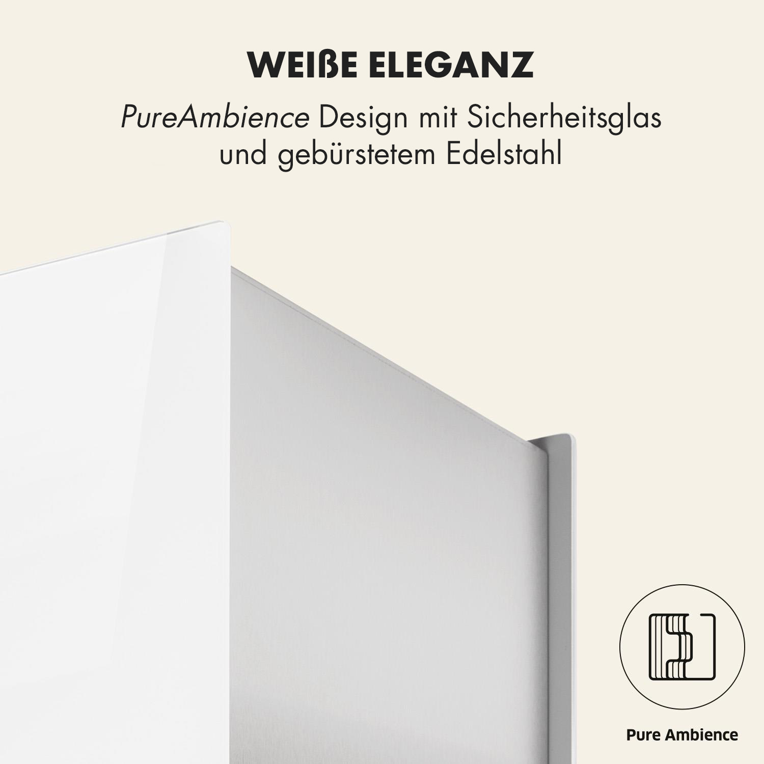Eine weiße Tür mit weißem Rahmen, mit Text über Design und Edelstahl, weißer Hintergrund.