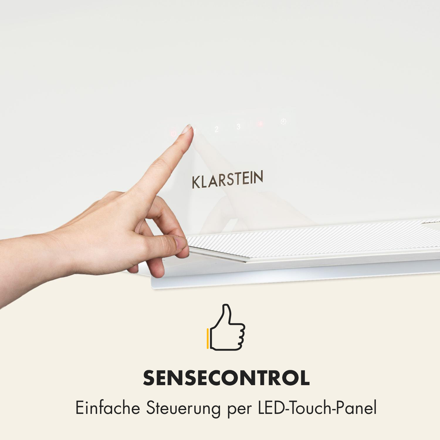 Eine Hand berührt einen Touchscreen, mit dem Markennamen und Text darunter.